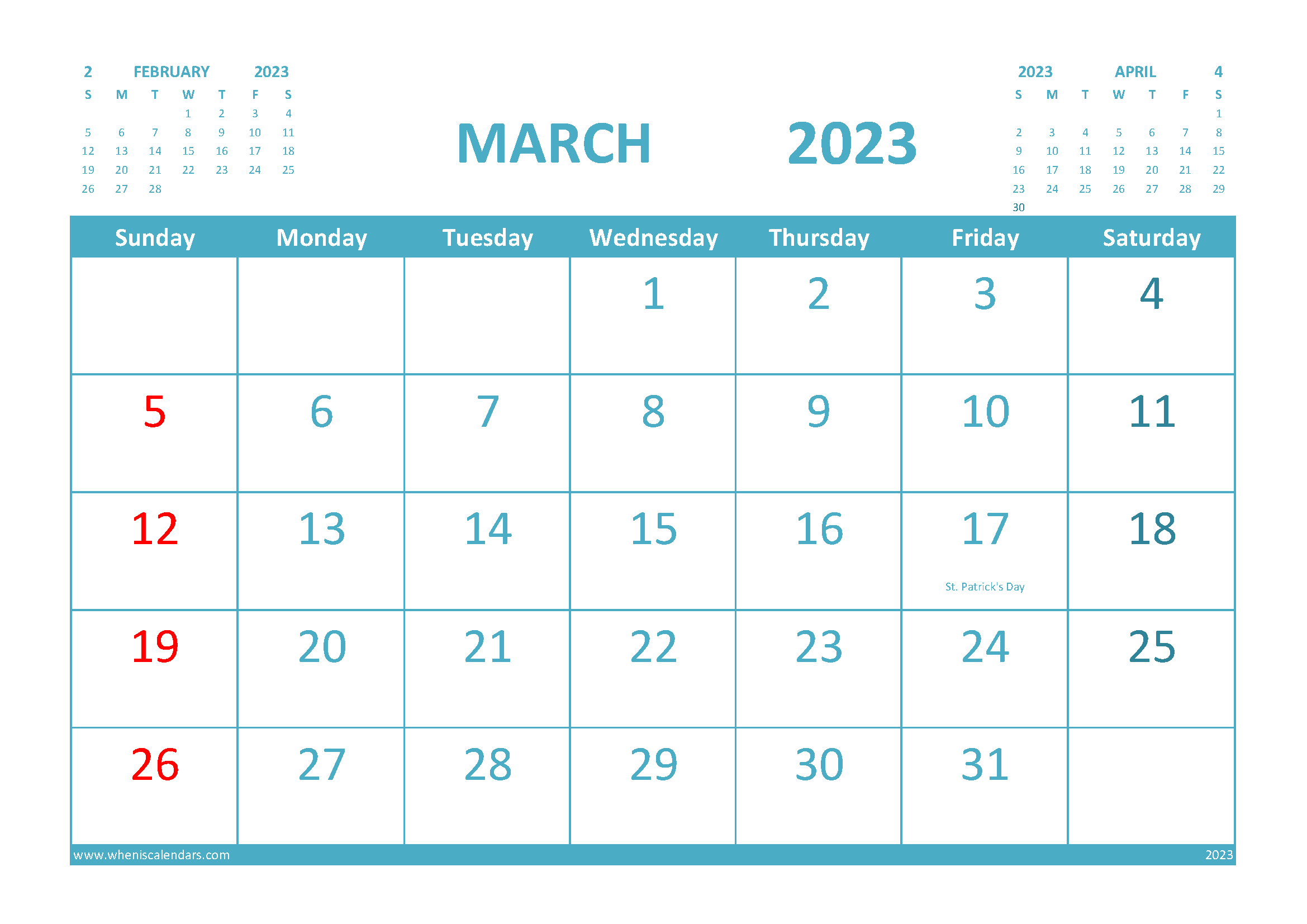 March 2023 Calendar Free Printable with Holidays width=
