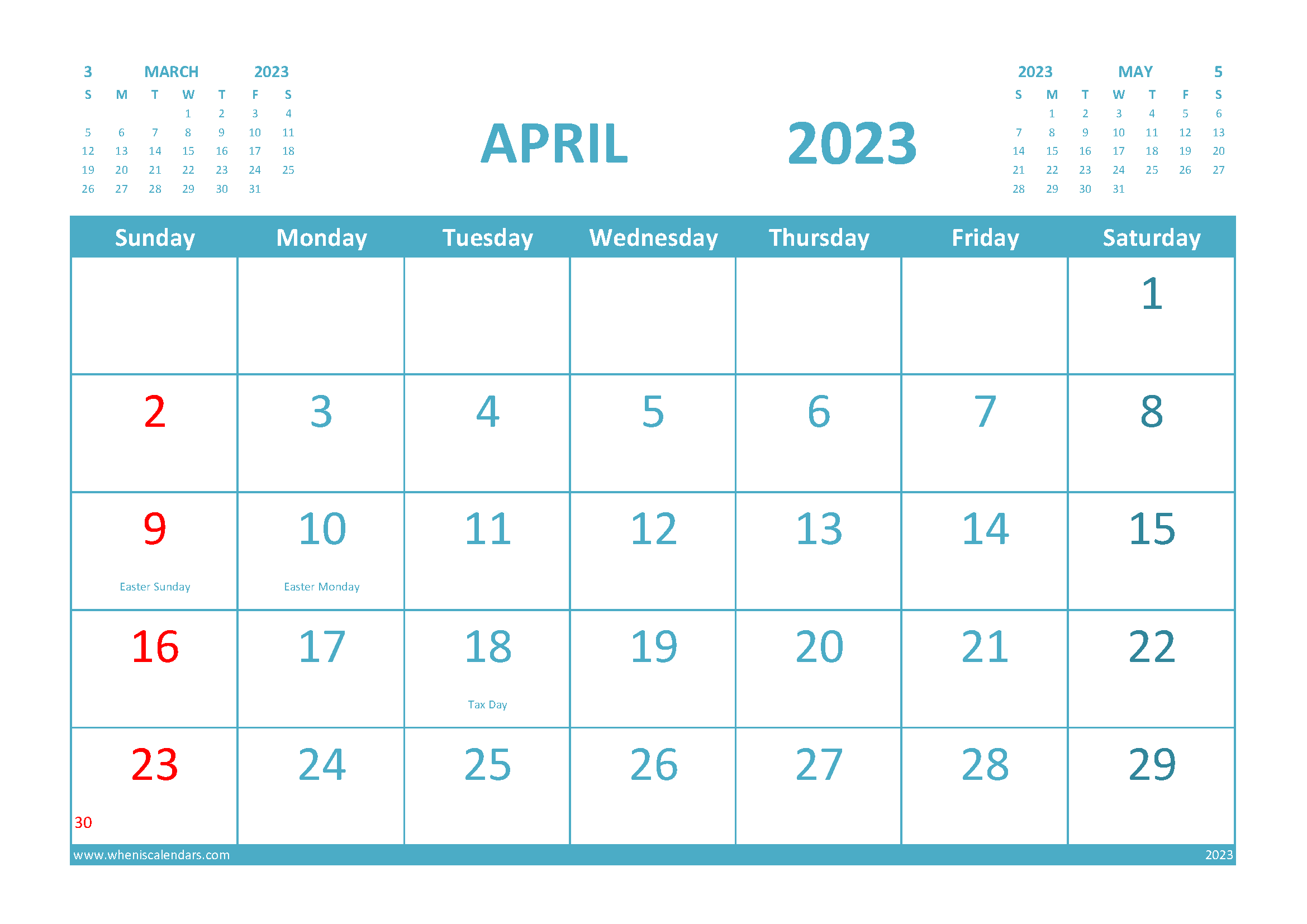 April 2023 Calendar Free Printable with Holidays width=