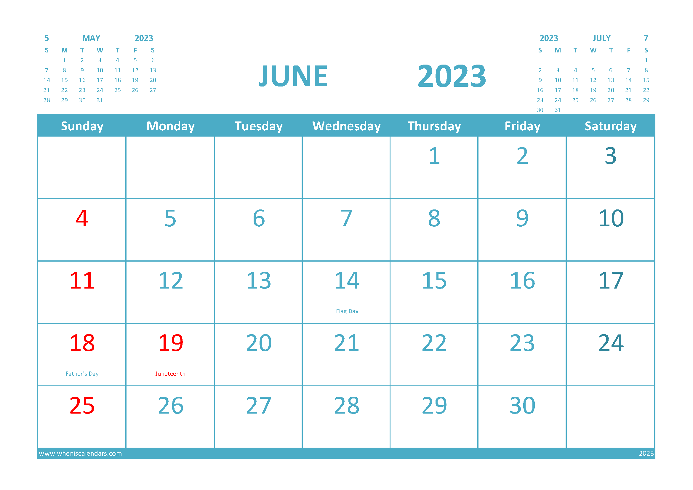 June 2023 Calendar Free Printable with Holidays width=