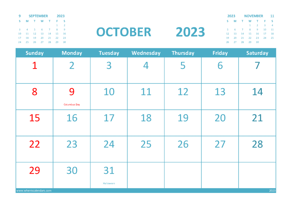 October 2023 Printable Calendar Free with Holidays