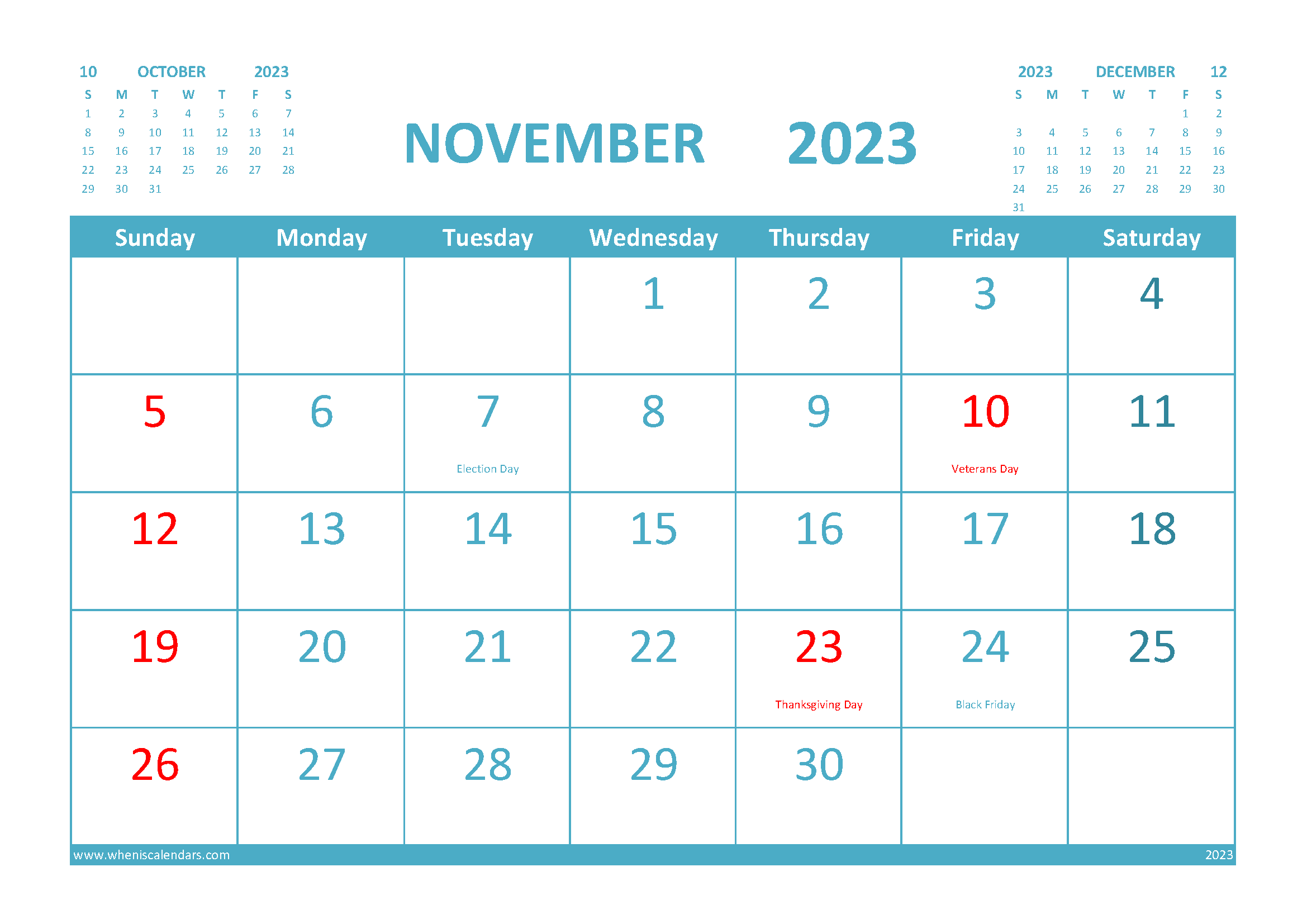 November 2023 Calendar Free Printable with Holidays width=
