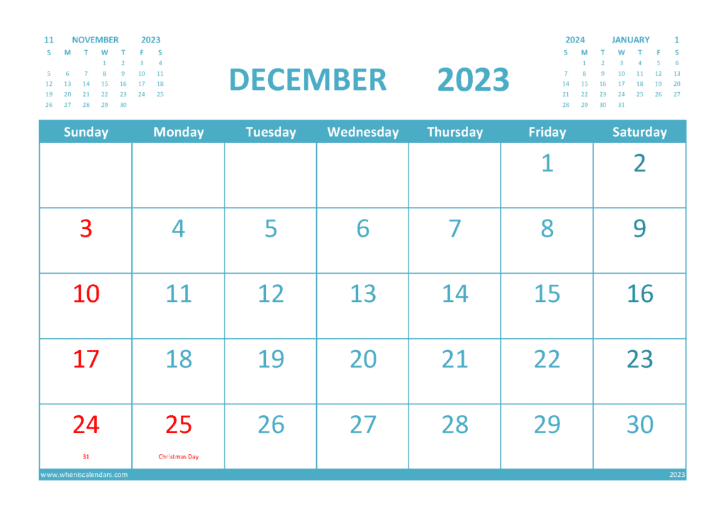 December 2023 Printable Calendar Free with Holidays