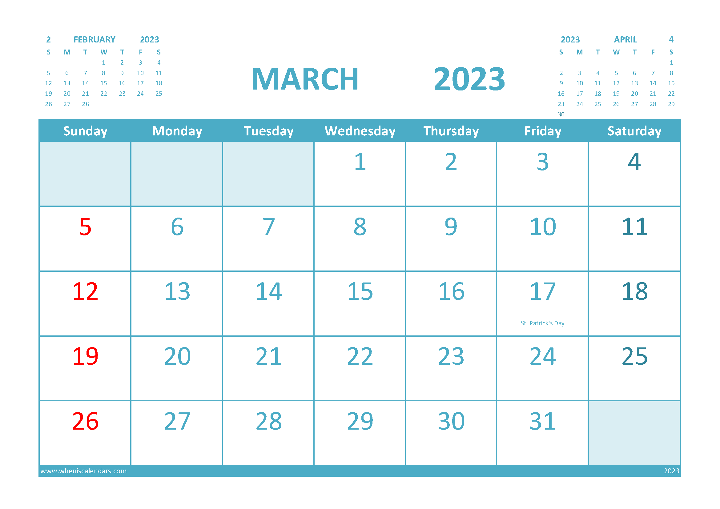 Free March Calendar 2023 Printable with Holidays width=