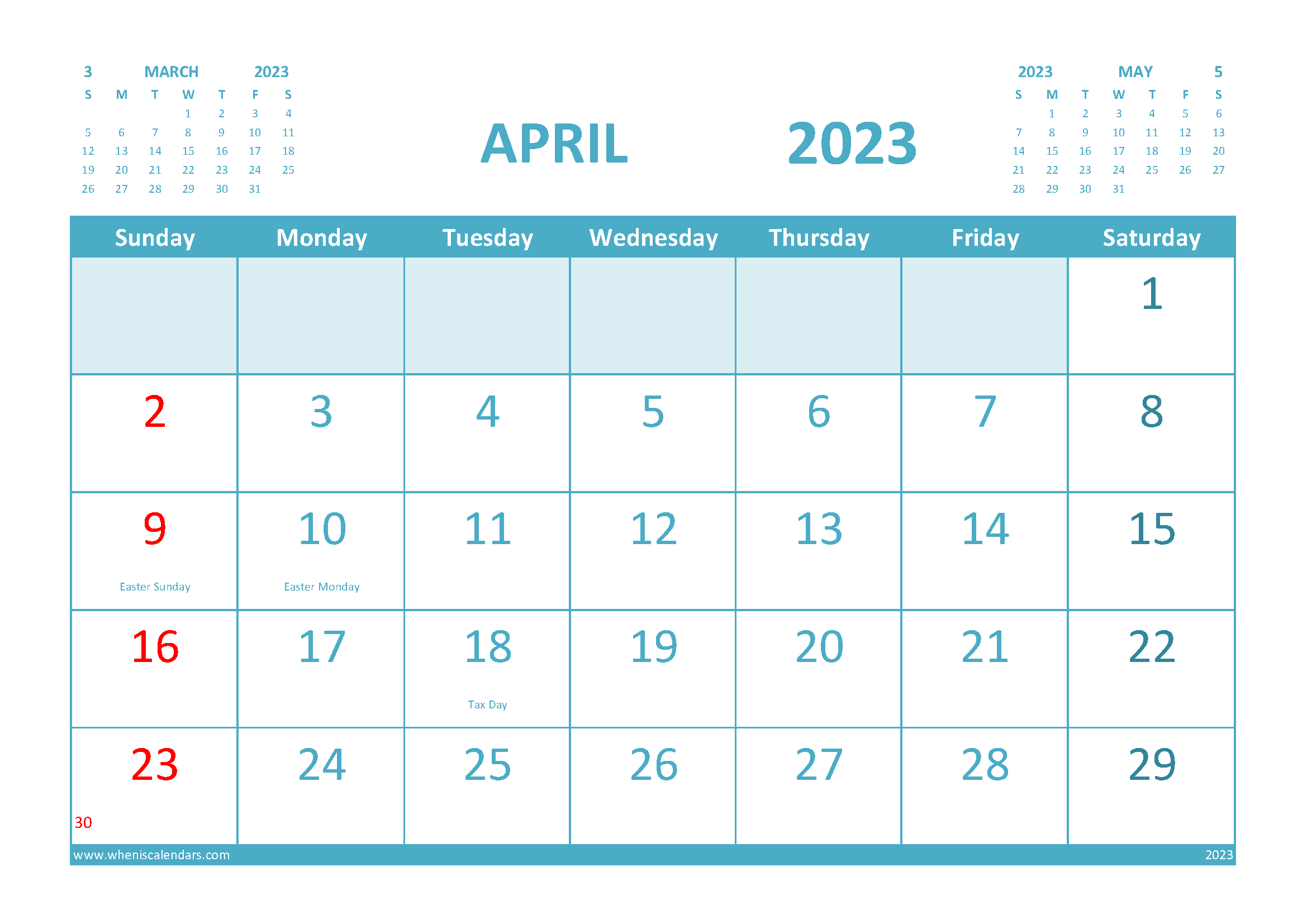 Free April Calendar 2023 Printable with Holidays width=