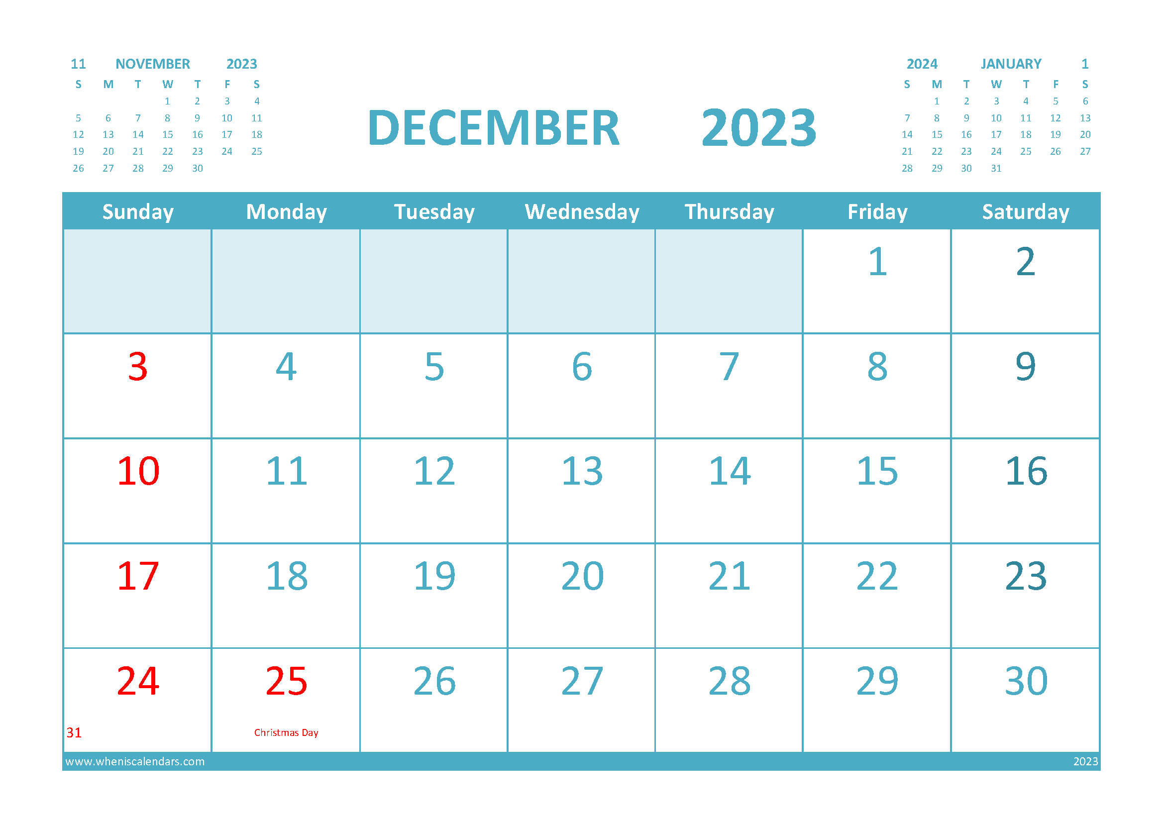 Free December Calendar 2023 Printable with Holidays width=
