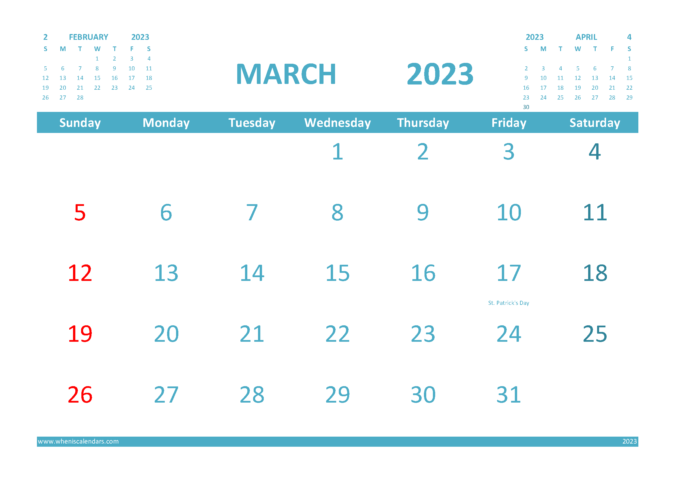 Free 2023 Calendar March Printable with Holidays width=