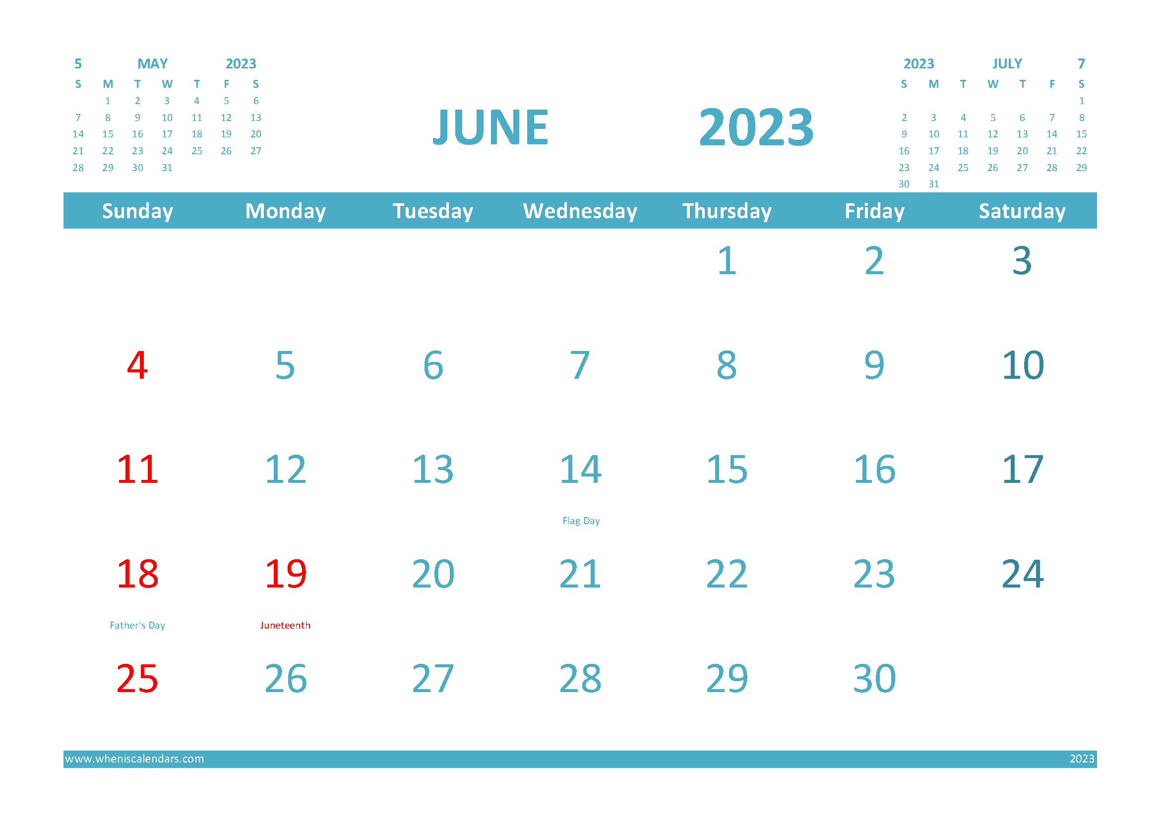 Free 2023 Calendar June Printable with Holidays width=