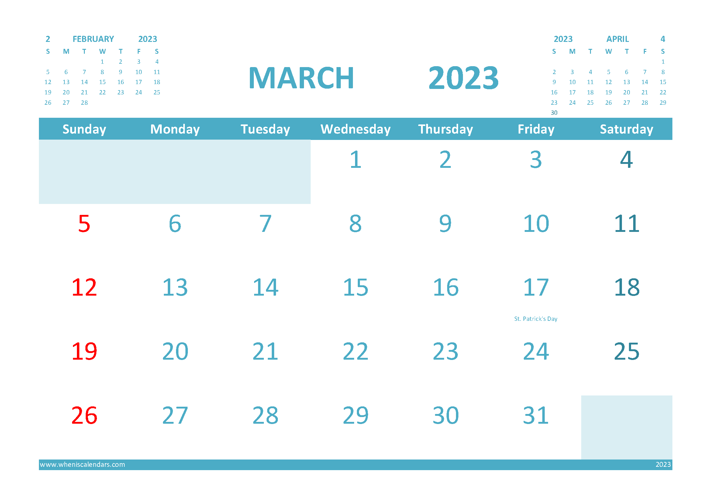 March 2023 Calendar with Holidays Printable for Free width=