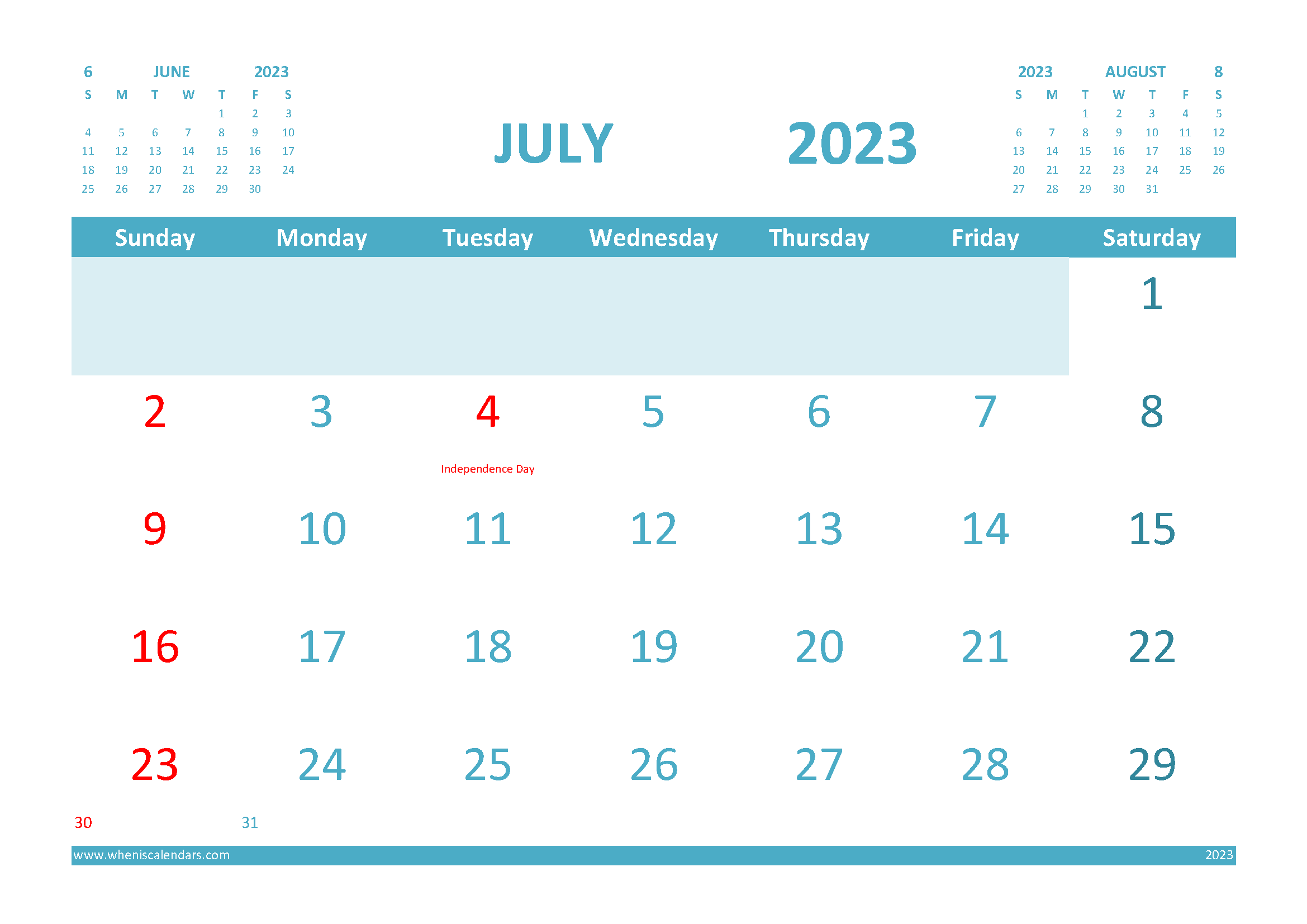 July 2023 Calendar with Holidays Printable for Free width=