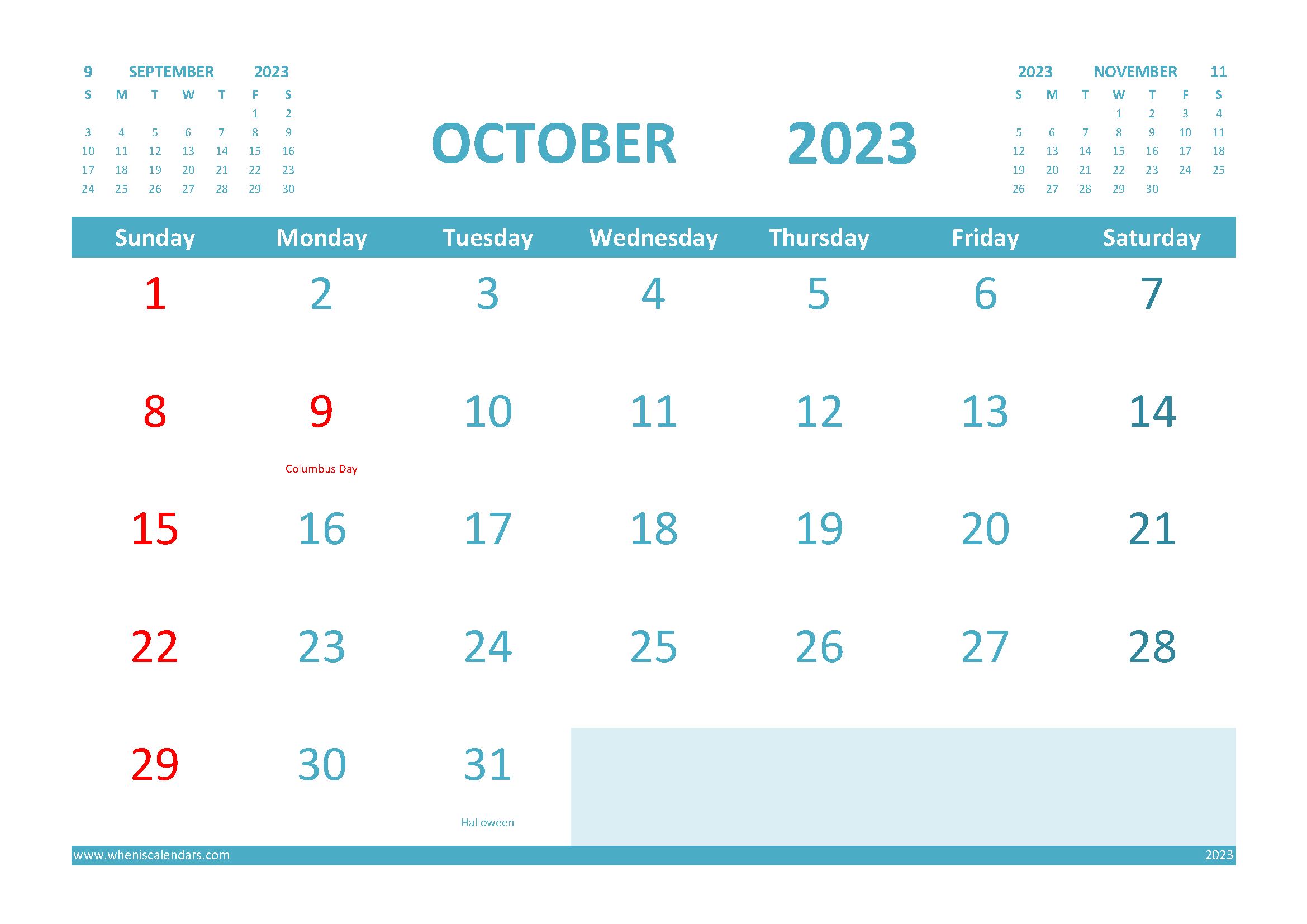 October 2023 Calendar with Holidays Printable for Free width=