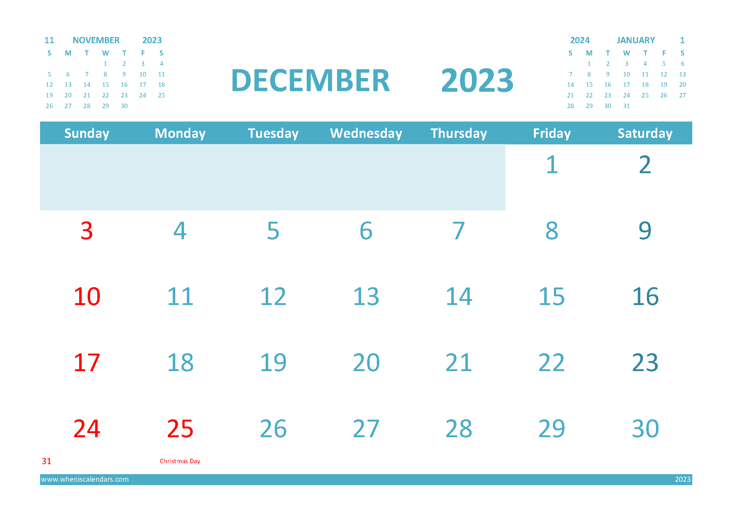 Download December 2023 blank calendar printable
