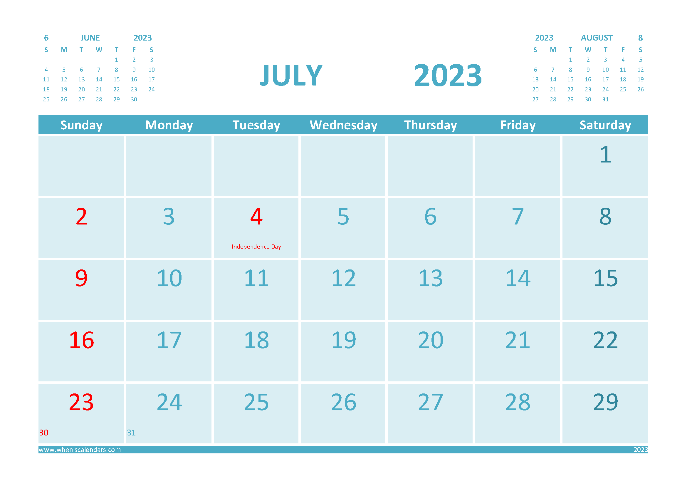 July 2023 Calendar with Holidays Free Printable width=
