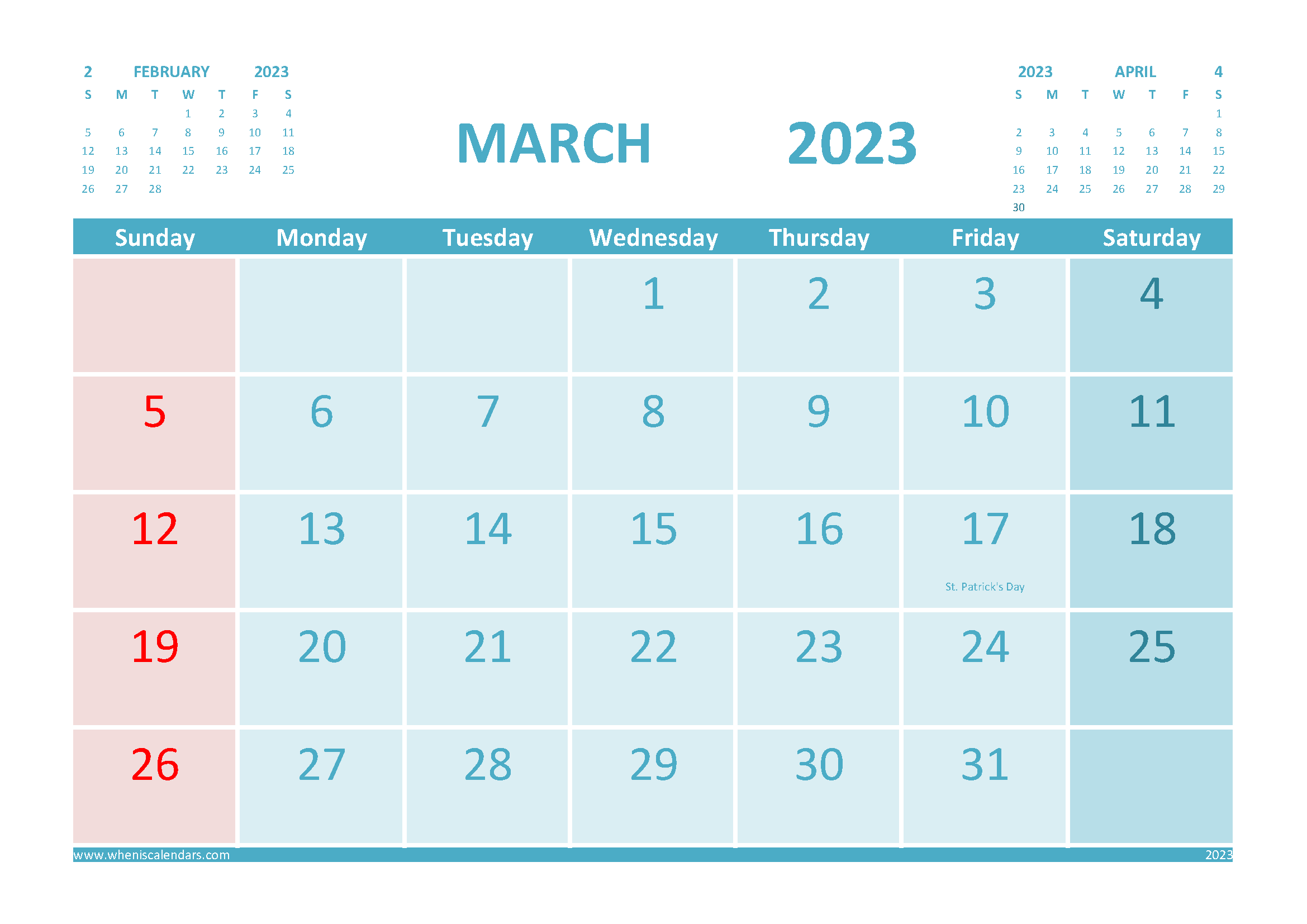 Free Printable Calendar March 2023 with Holidays width=