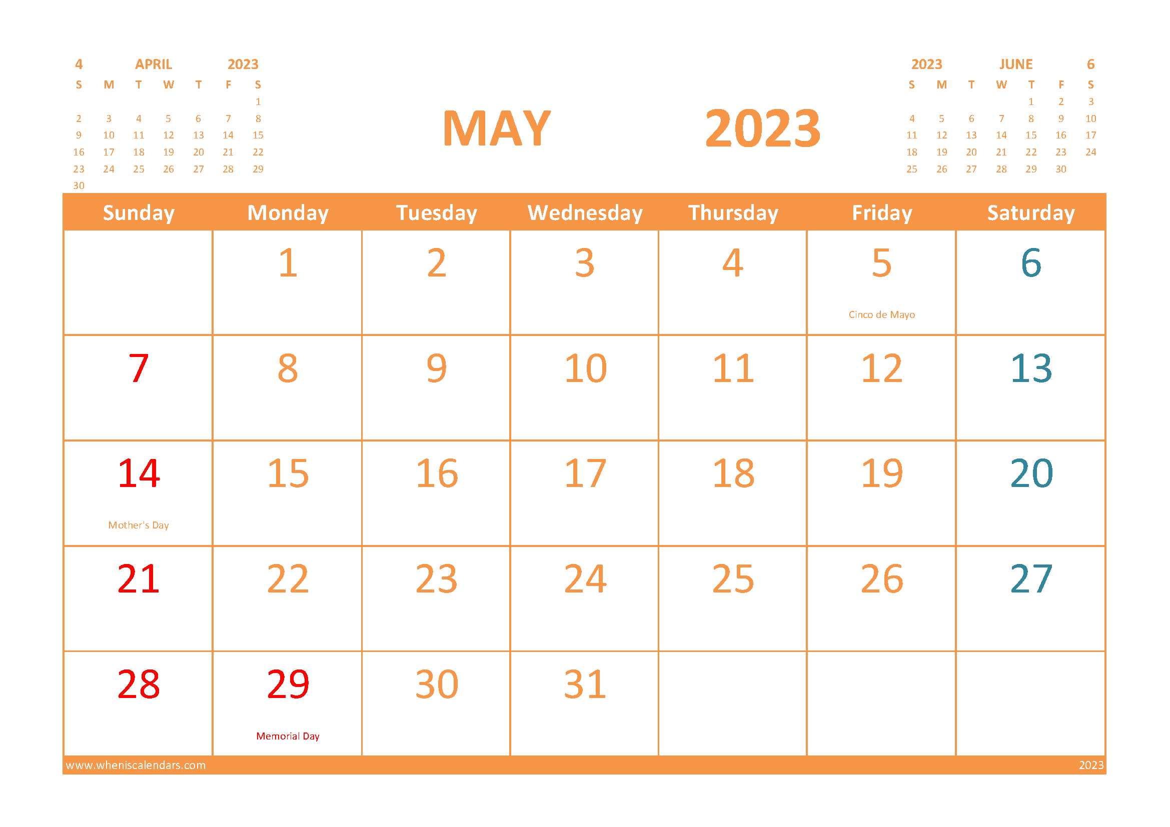 Free Printable Calendar for May 2023 with Holidays width=