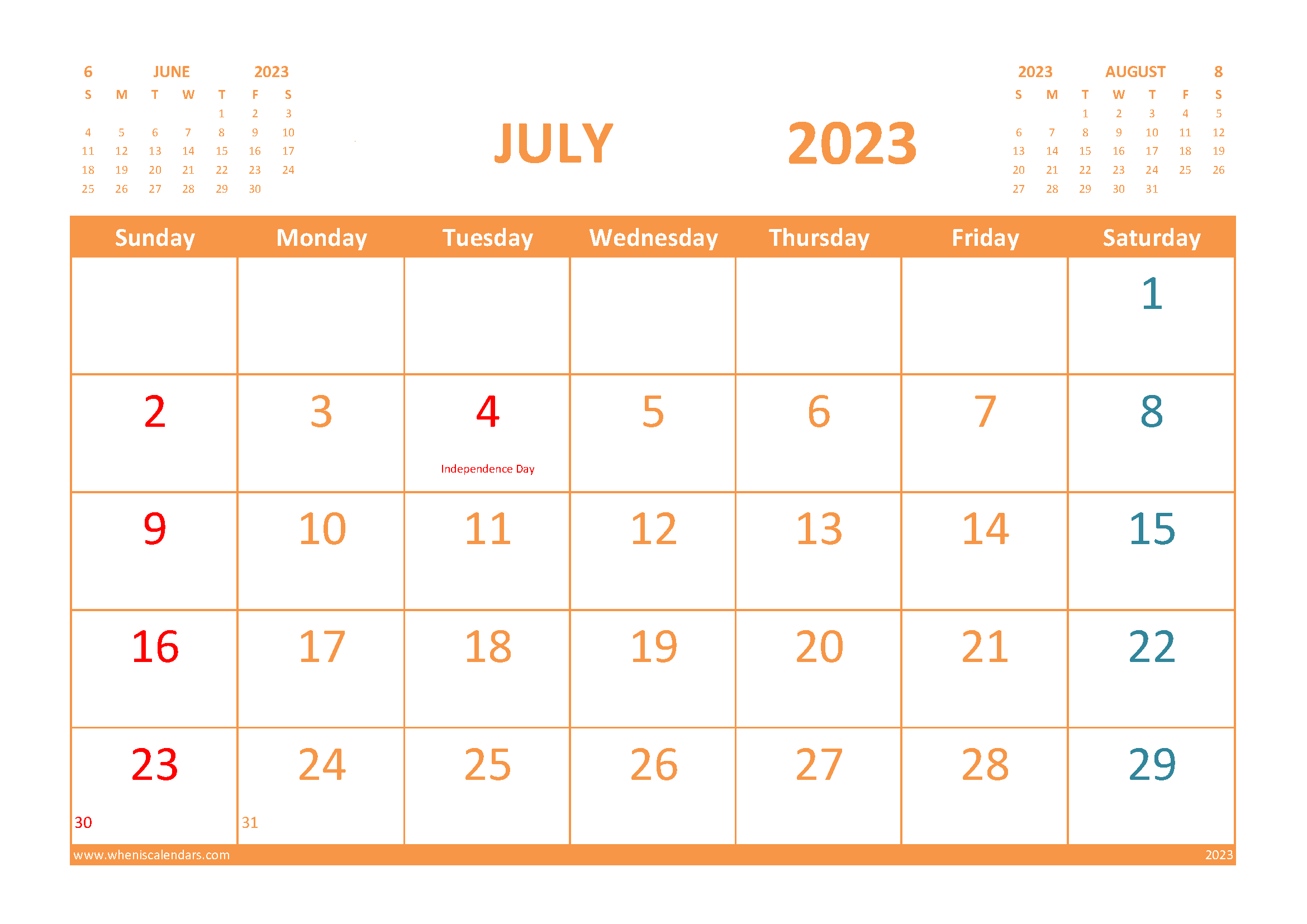 Free Printable Calendar for July 2023 with Holidays width=