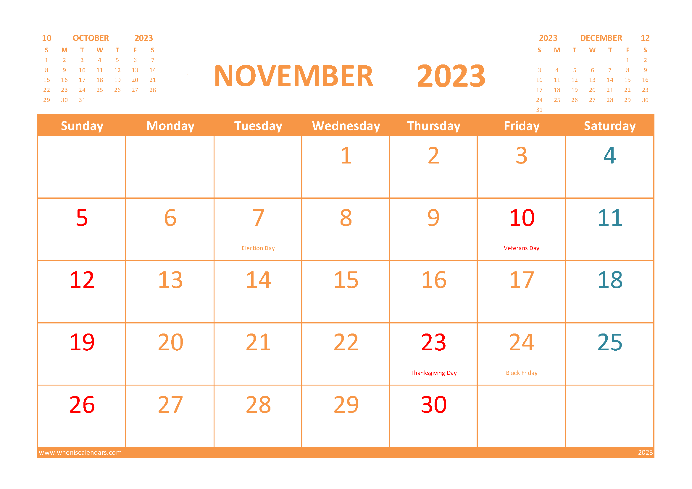 Free Printable Calendar for November 2023 with Holidays width=