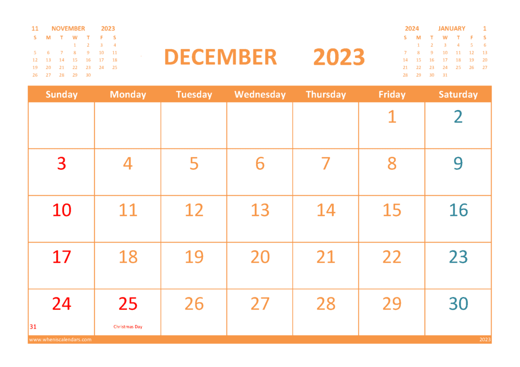 December 2023 Printable Calendar Free with Holidays