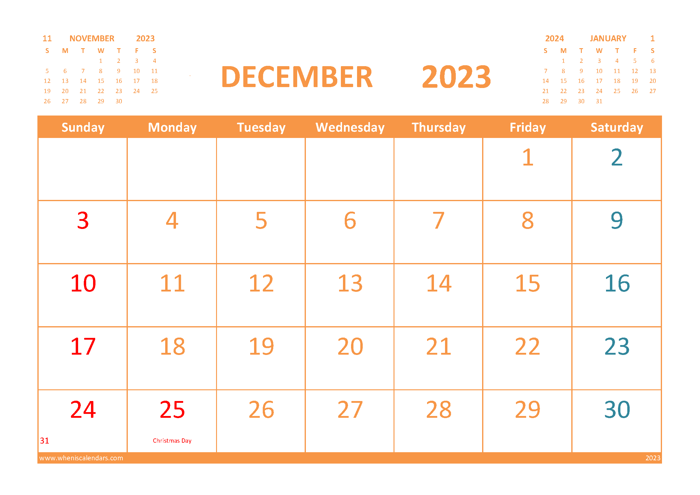 Free Printable Calendar December 2023 with Holidays
