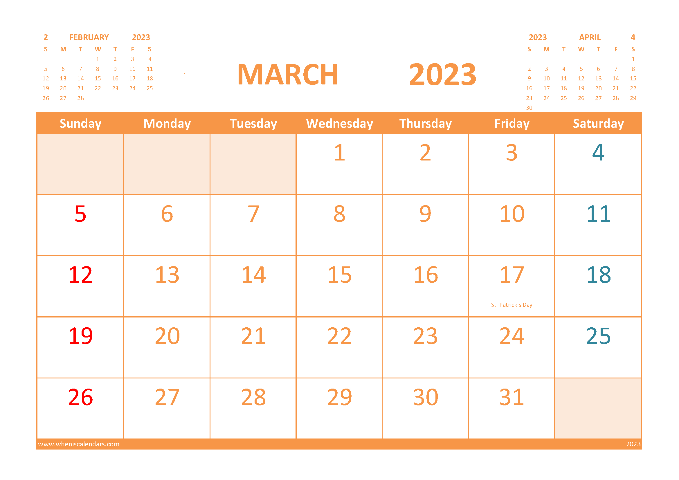 Calendar for March 2023 with Holidays Free Printable width=