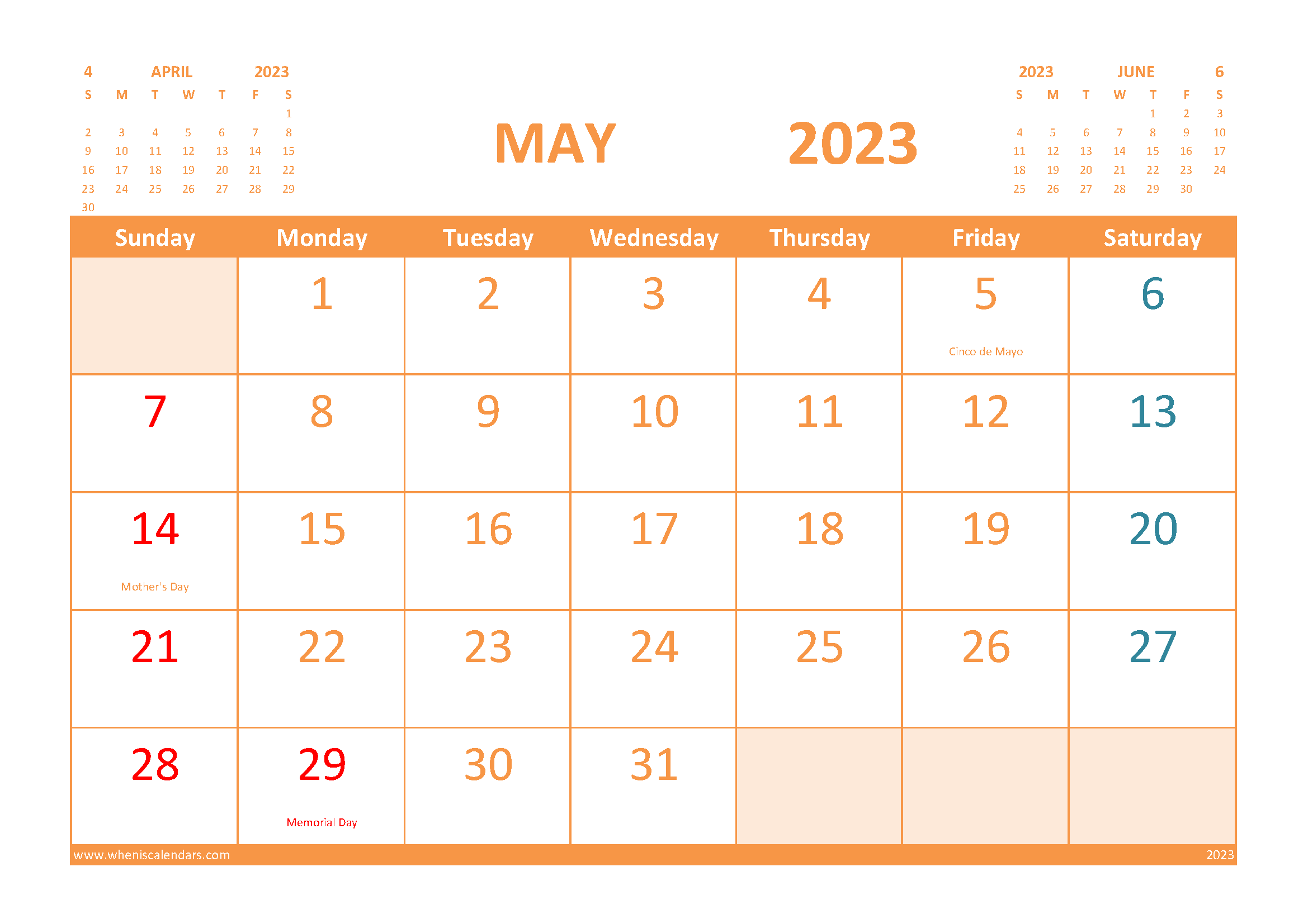 Calendar for May 2023 with Holidays Free Printable width=