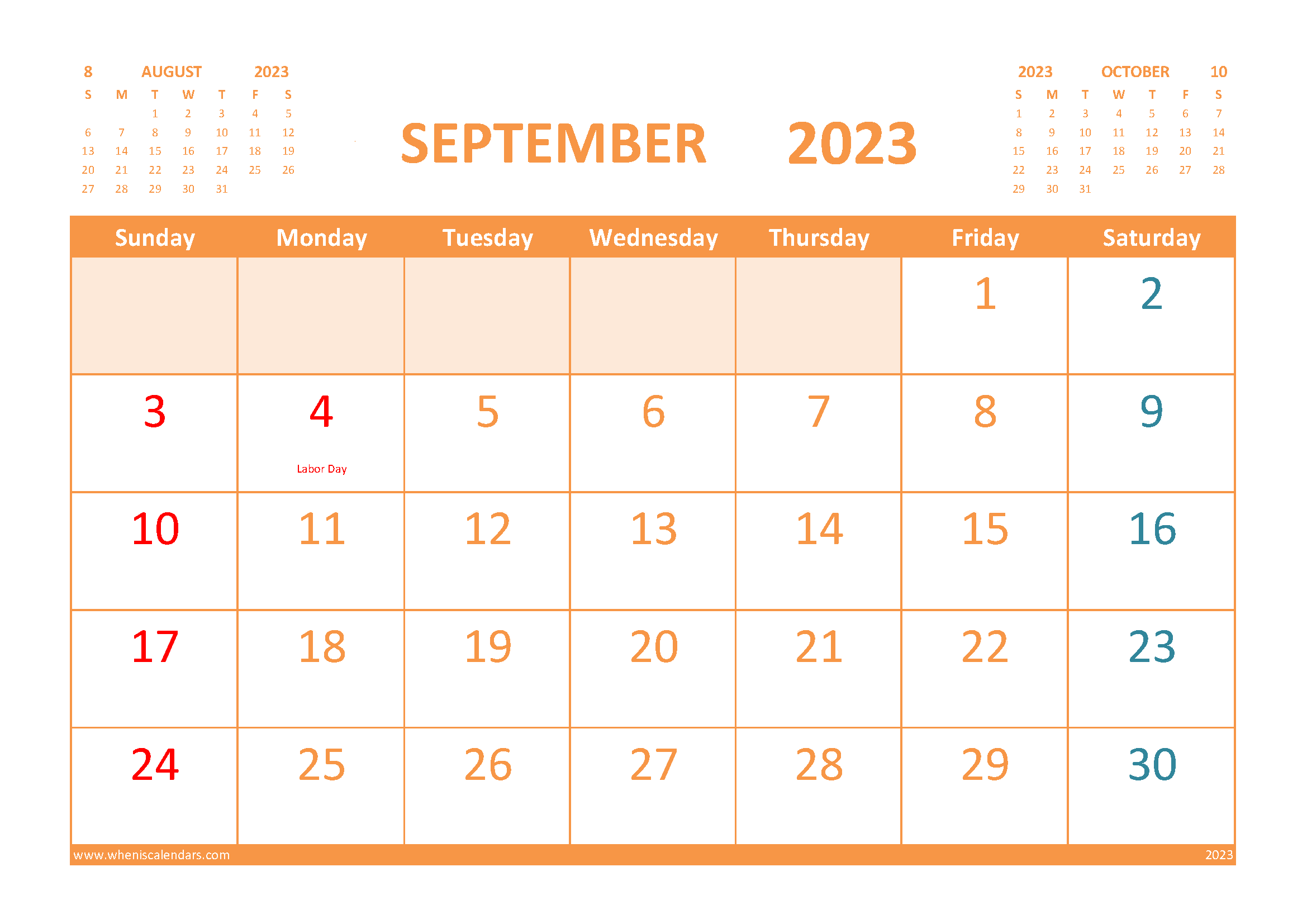 Calendar for September 2023 with Holidays Free Printable width=