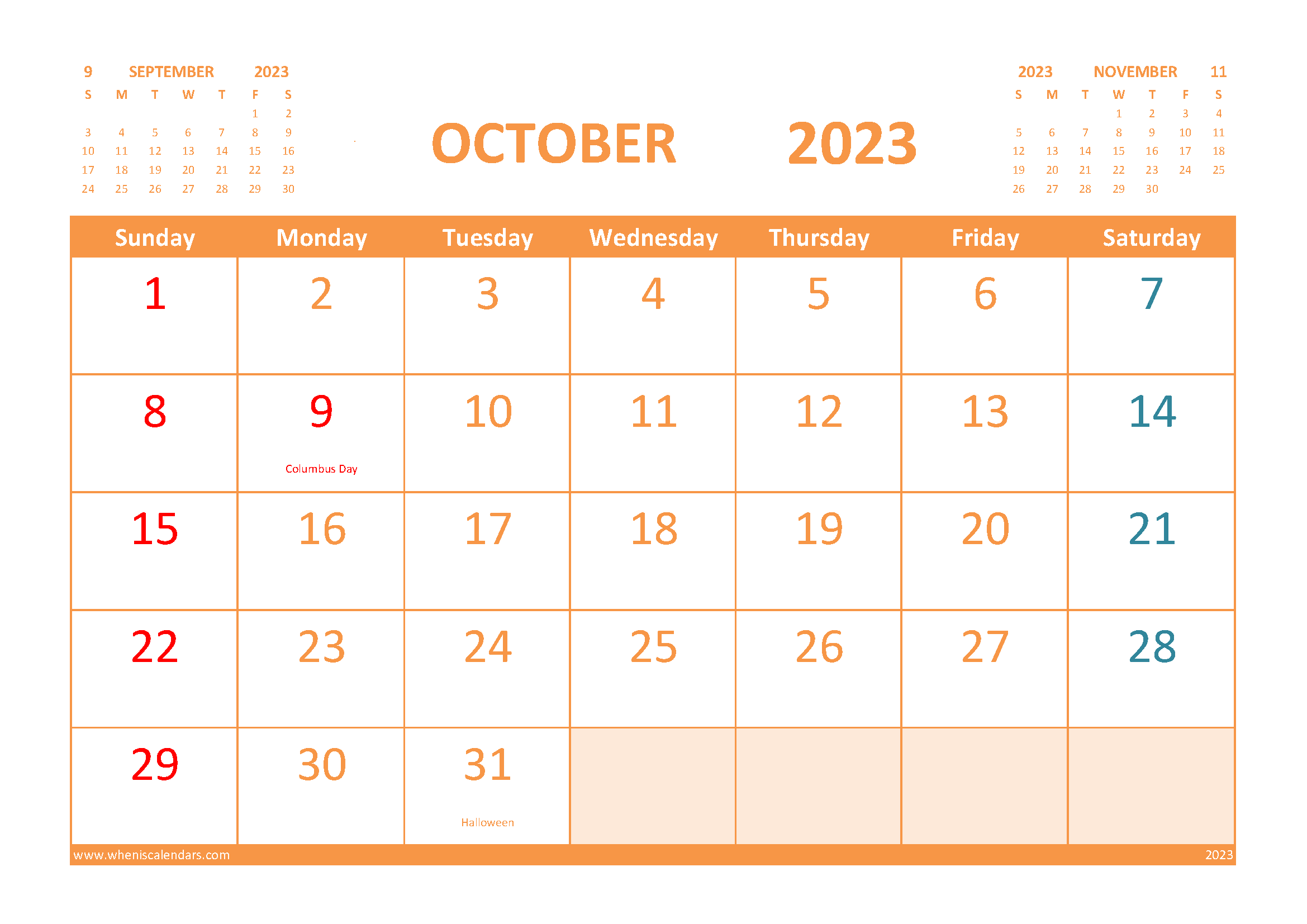 Calendar for October 2023 with Holidays Free Printable width=