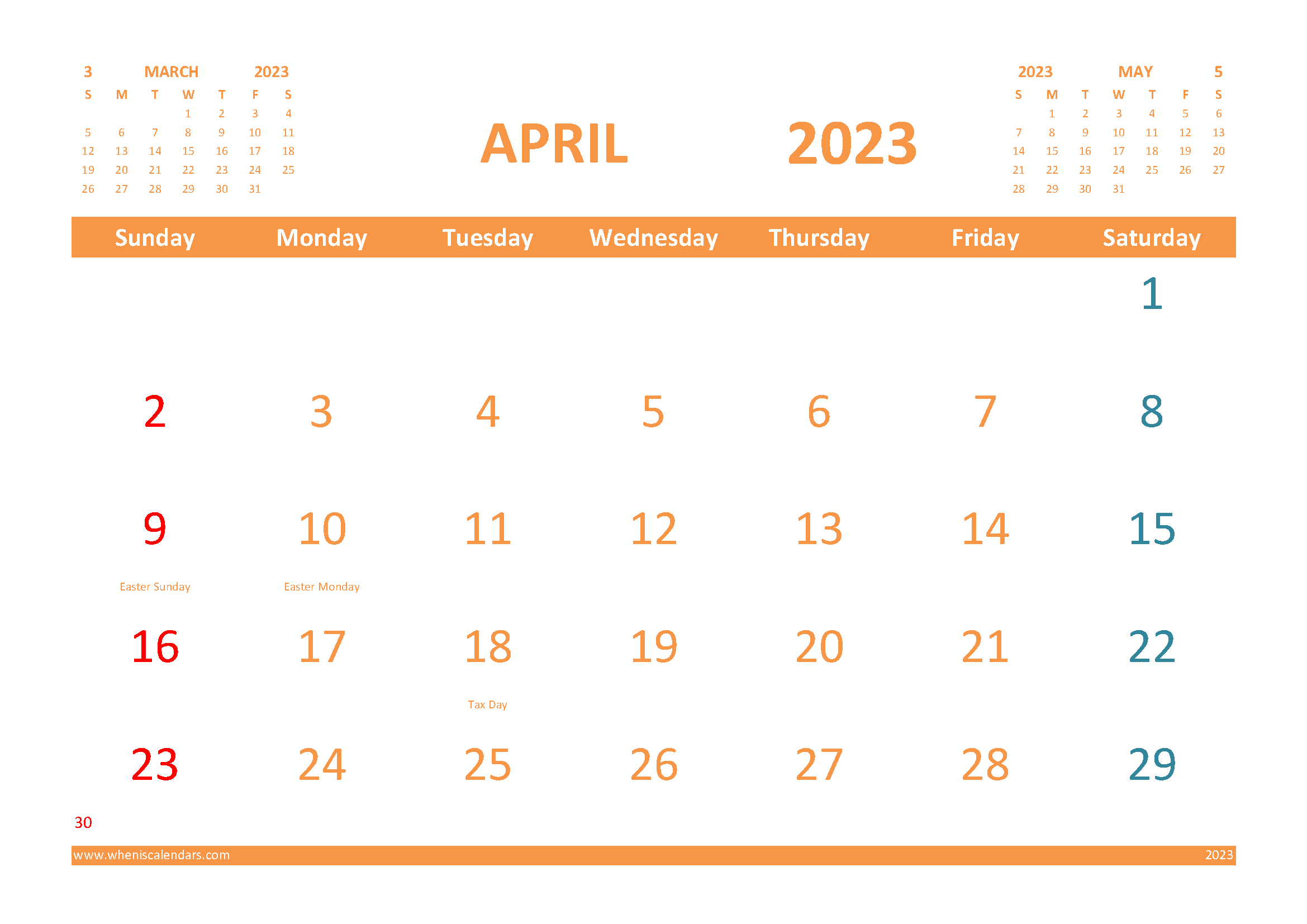 Free April 2023 Calendar with Holidays Printable width=