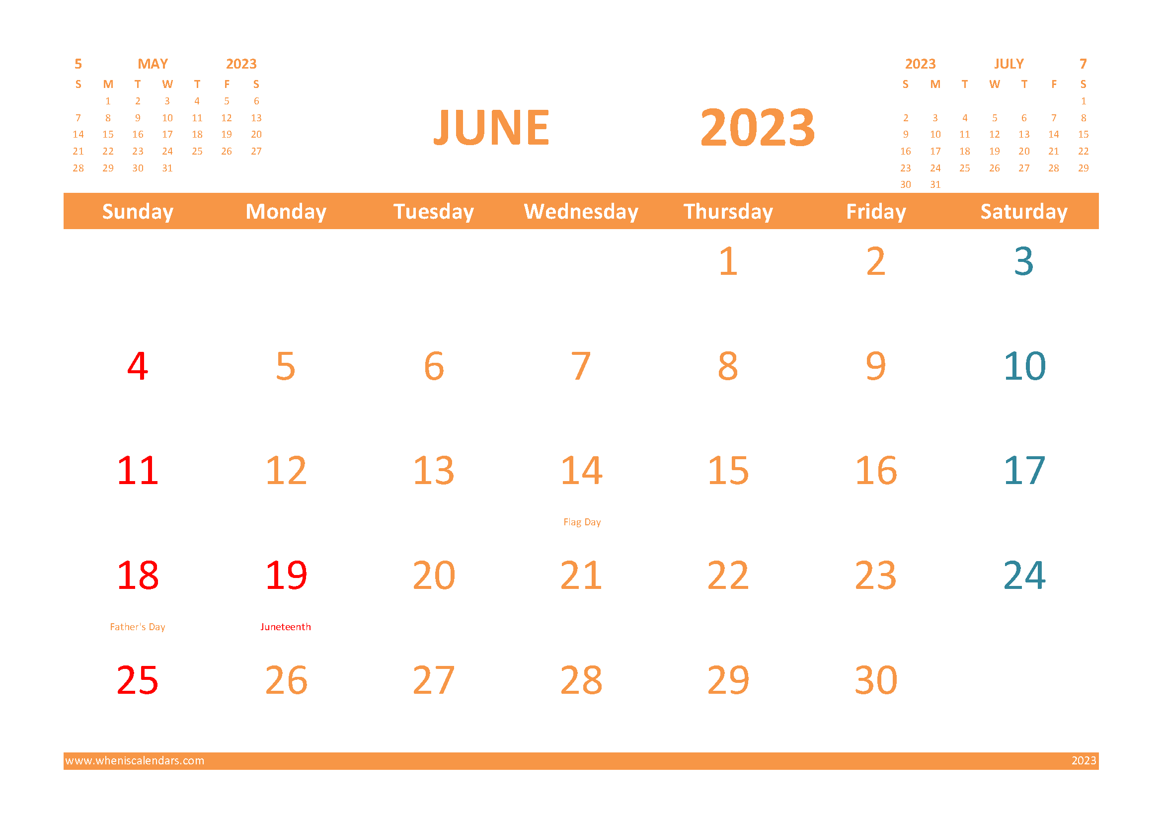 Free June 2023 Calendar with Holidays Printable width=