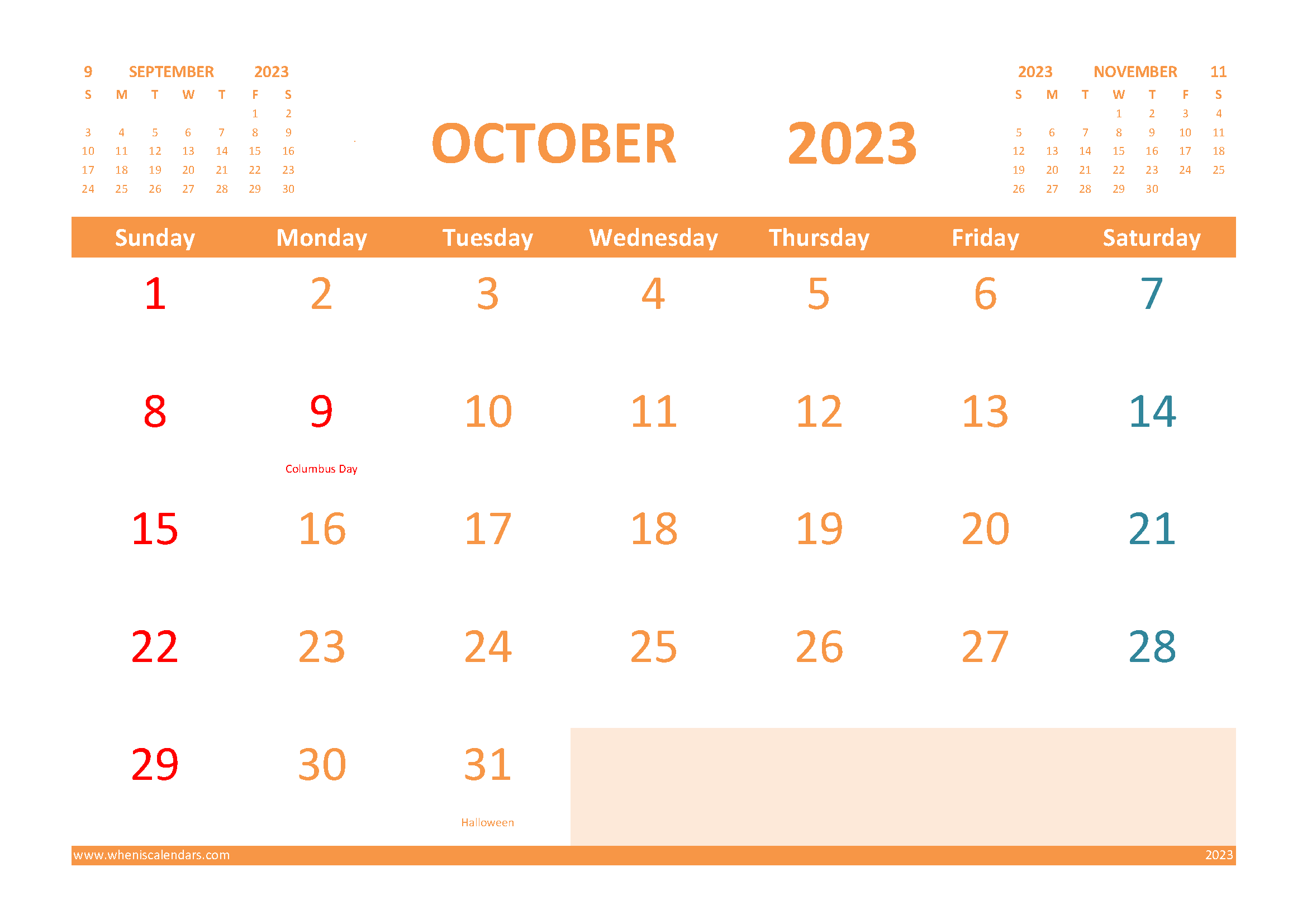 Free Printable October 2023 Calendar with Holidays width=