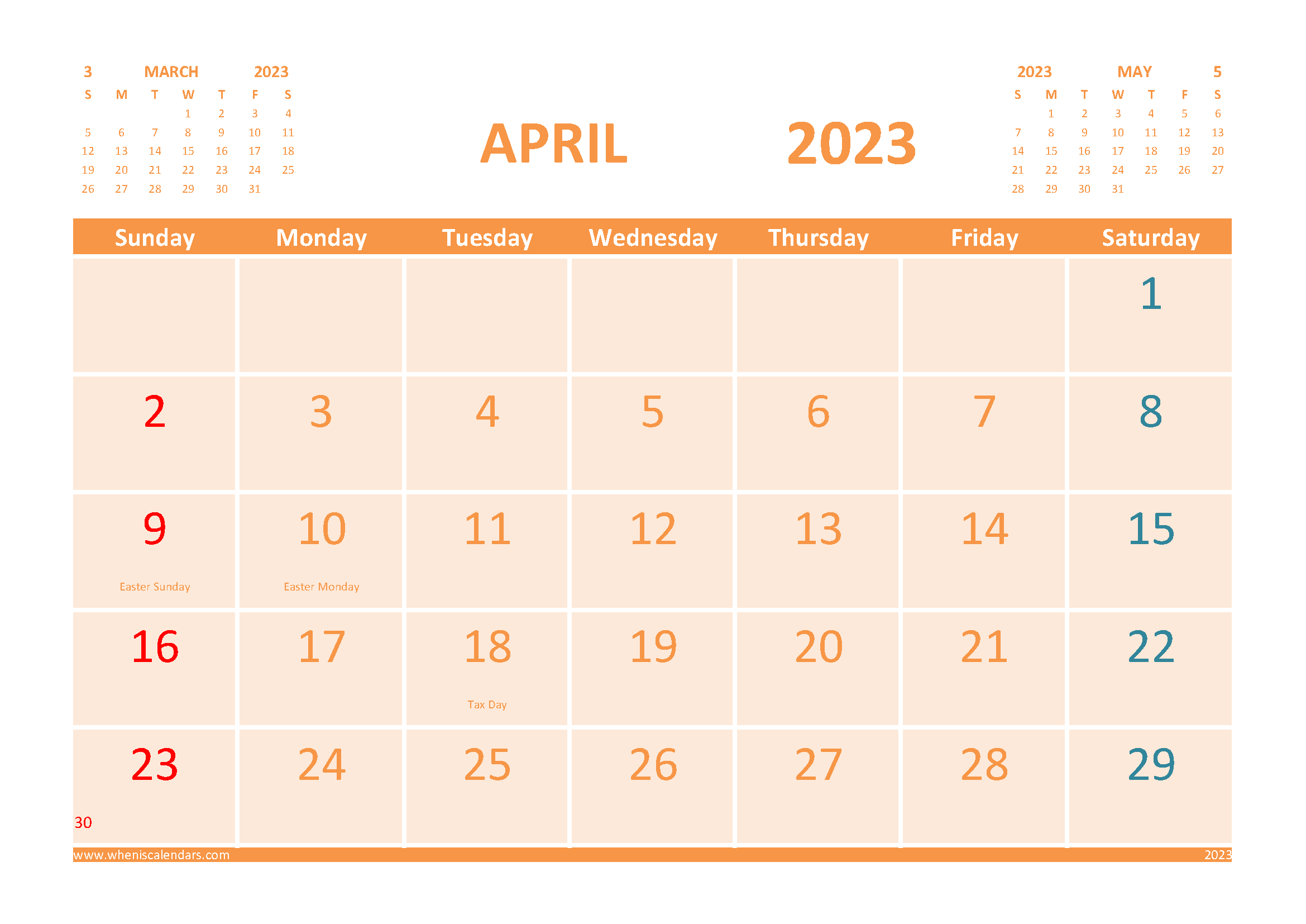 Free April 2023 Calendar Printable with Holidays width=