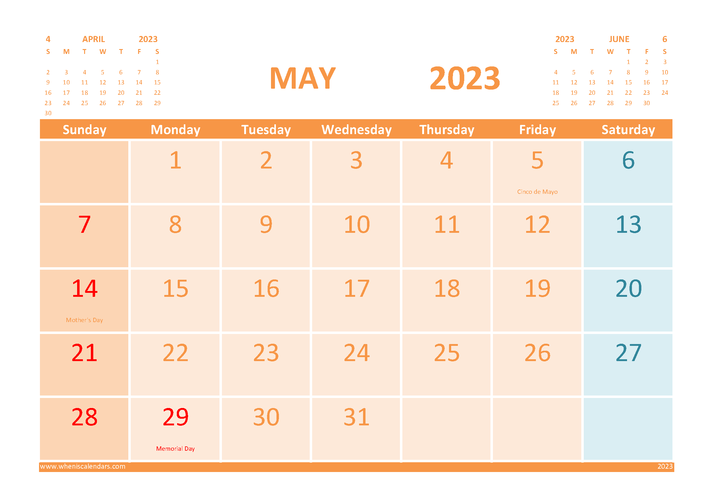 Free May 2023 Calendar Template with Holidays width=