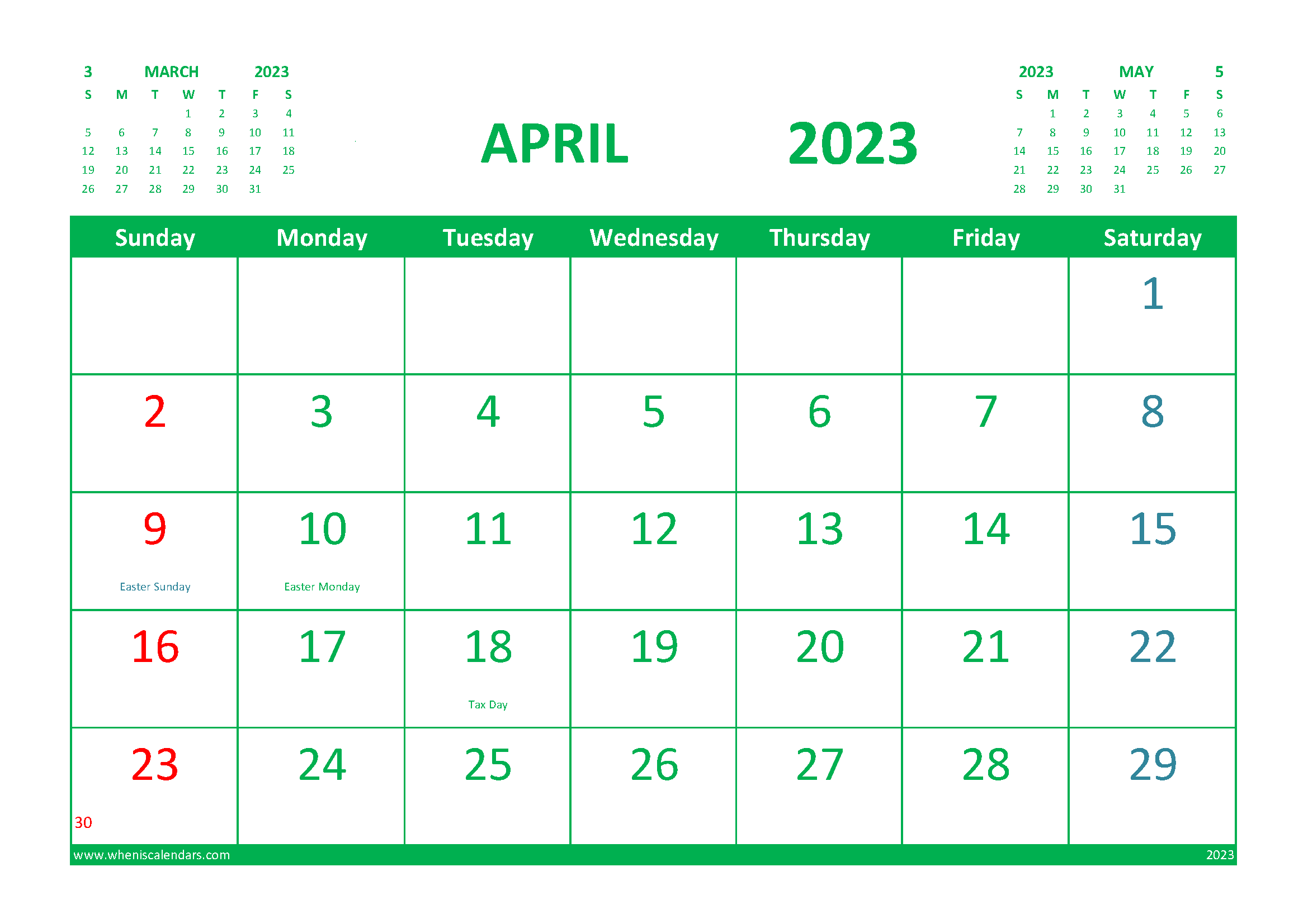 Free Calendar April 2023 Printable with Holidays width=