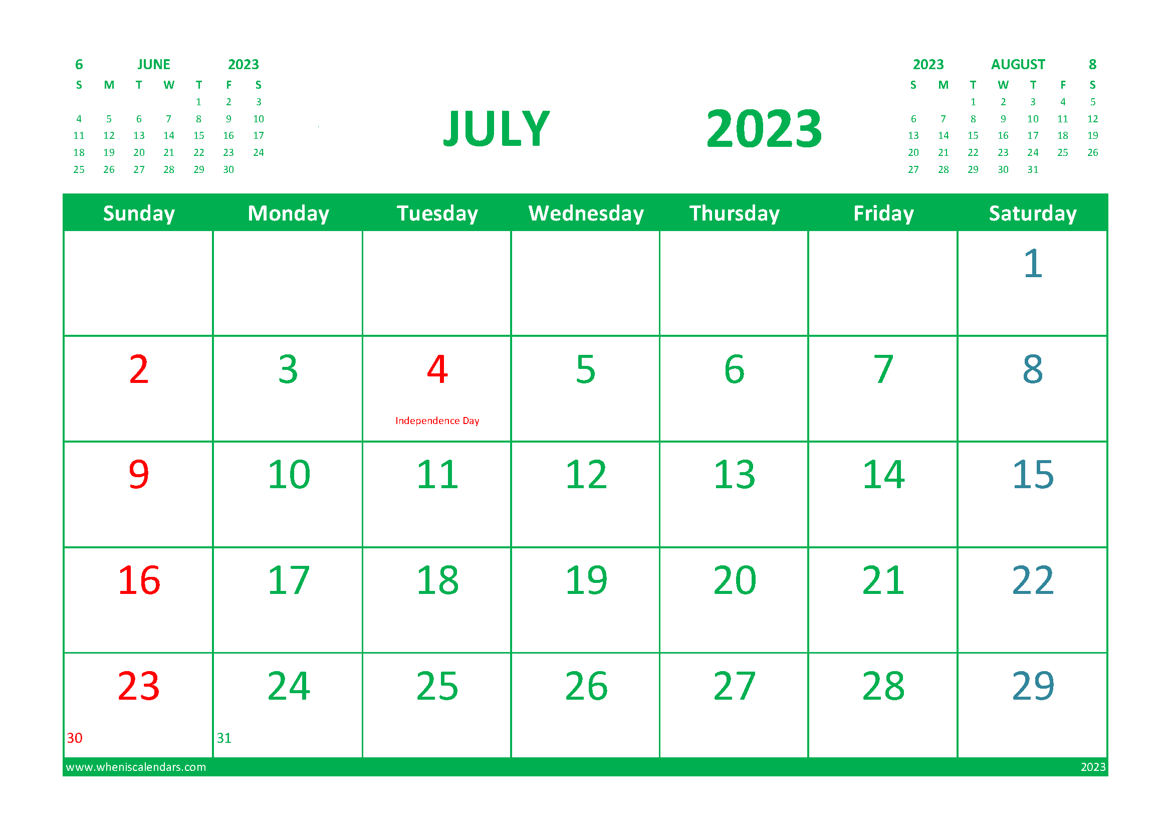 Free Calendar July 2023 Printable with Holidays width=