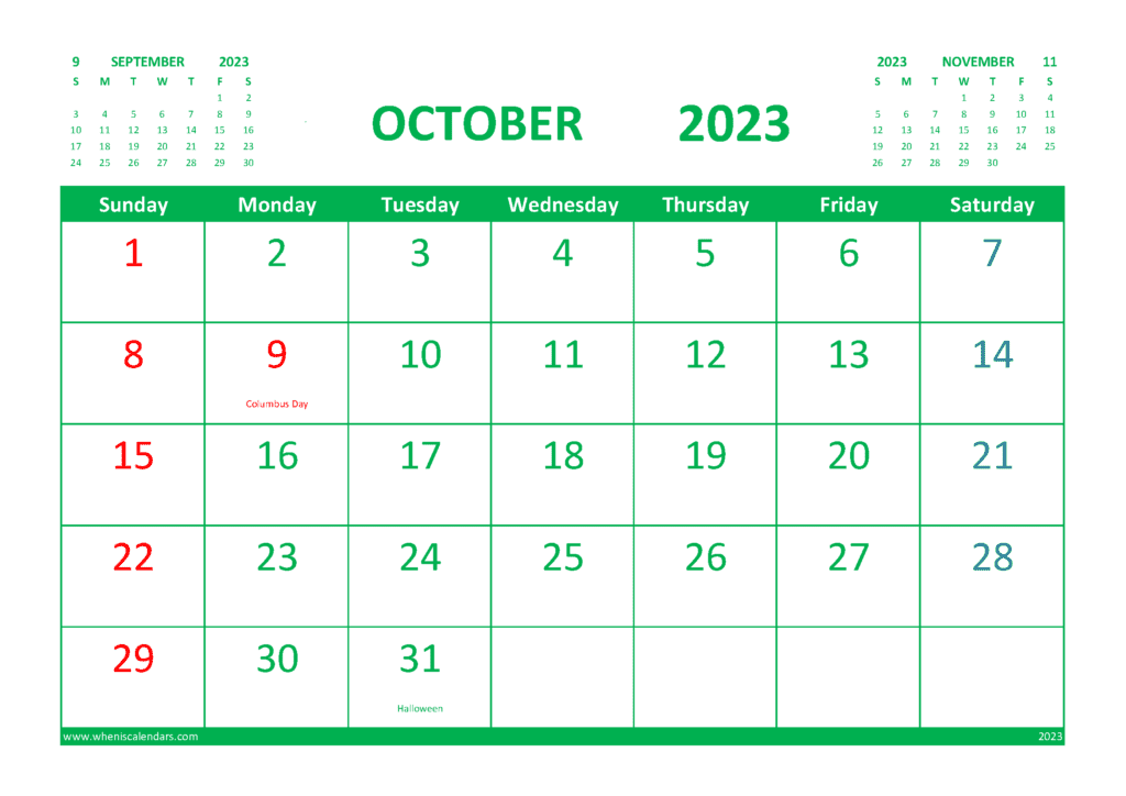 October 2023 Printable Calendar Free with Holidays