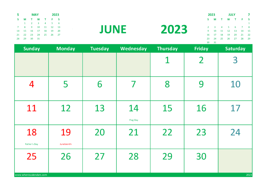 June 2023 Printable Calendar Free with Holidays