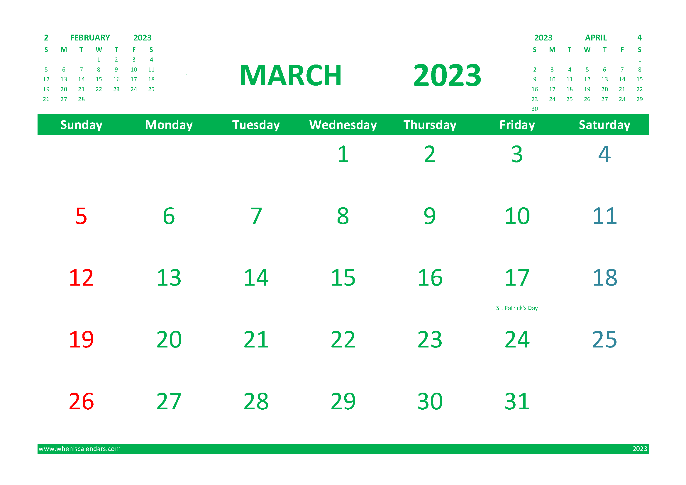 March 2023 Calendar Free Printable with Holidays width=