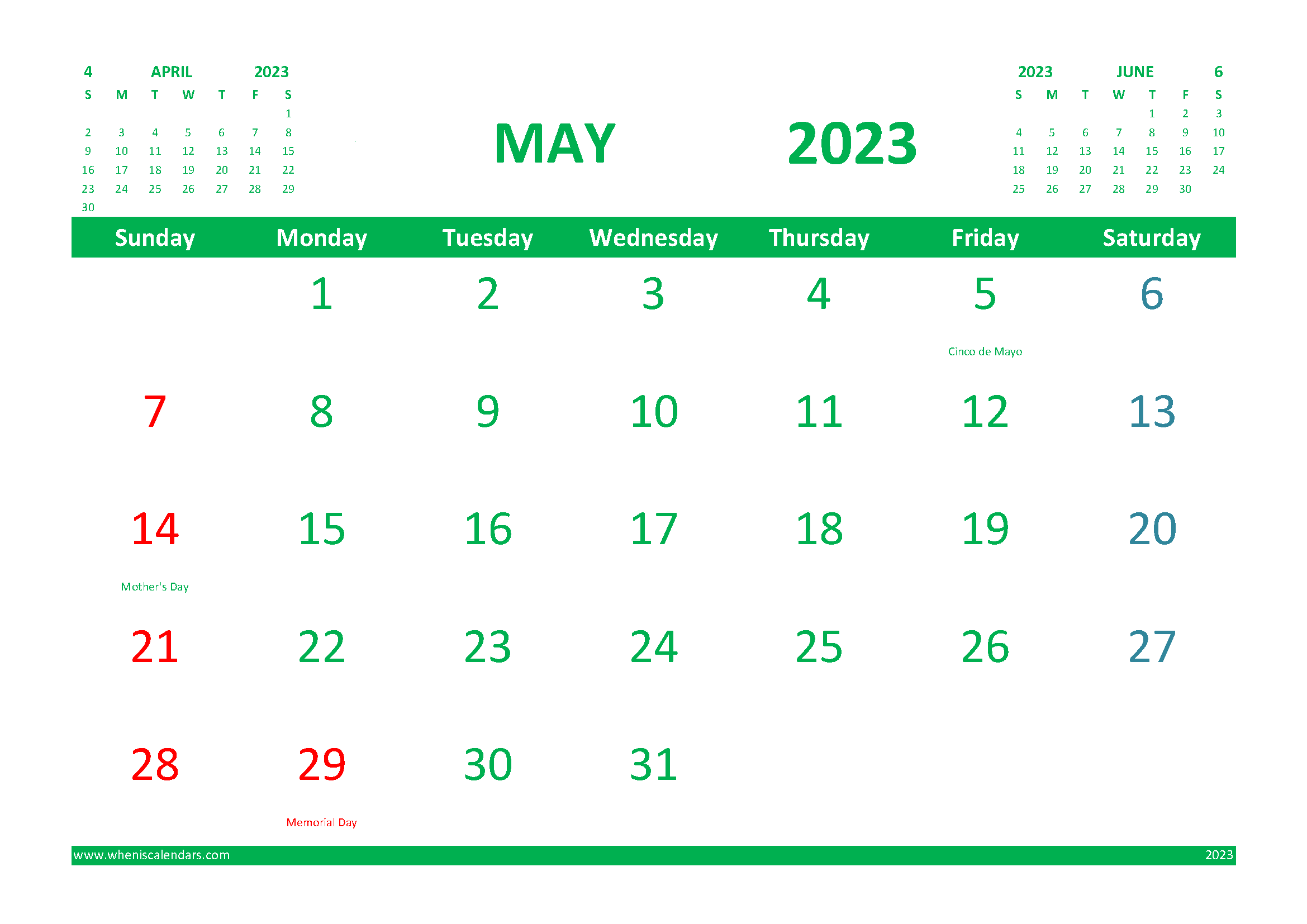 May 2023 Calendar Free Printable with Holidays width=