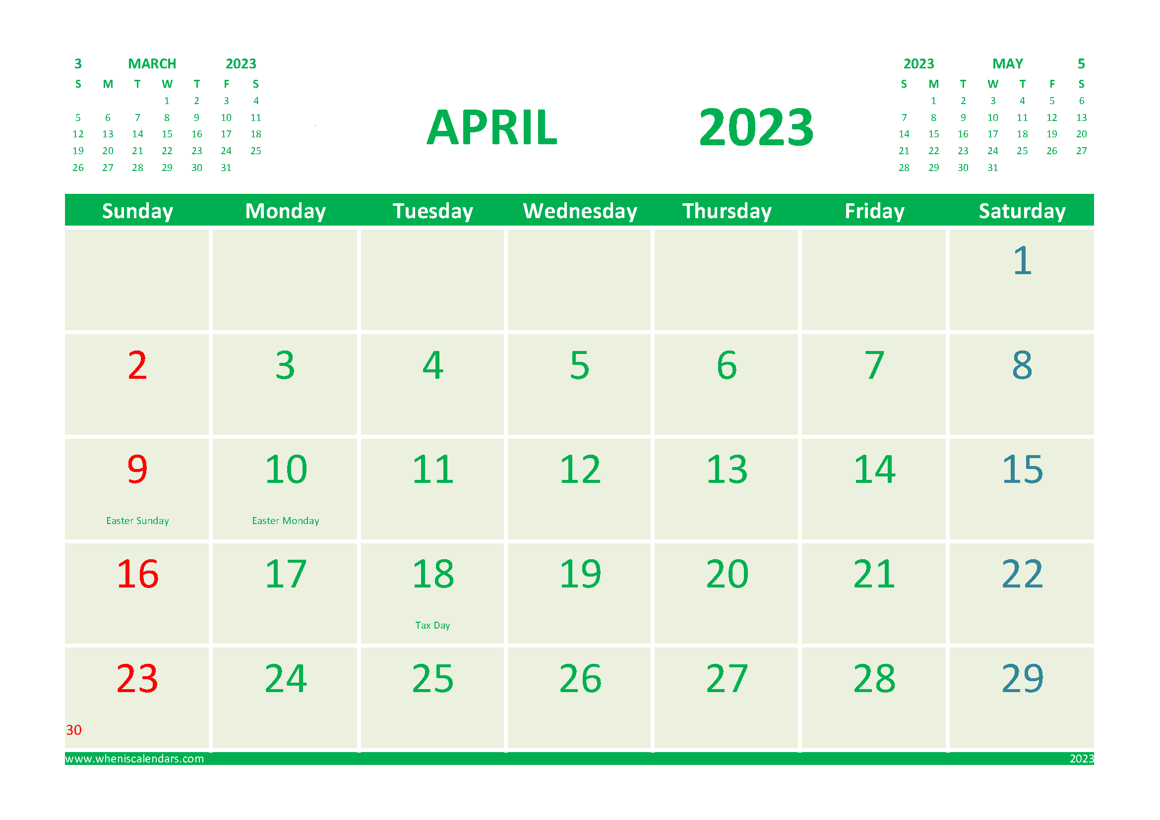 Free 2023 Calendar April Printable with Holidays width=