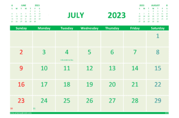 Free 2023 Calendar July Printable with Holidays