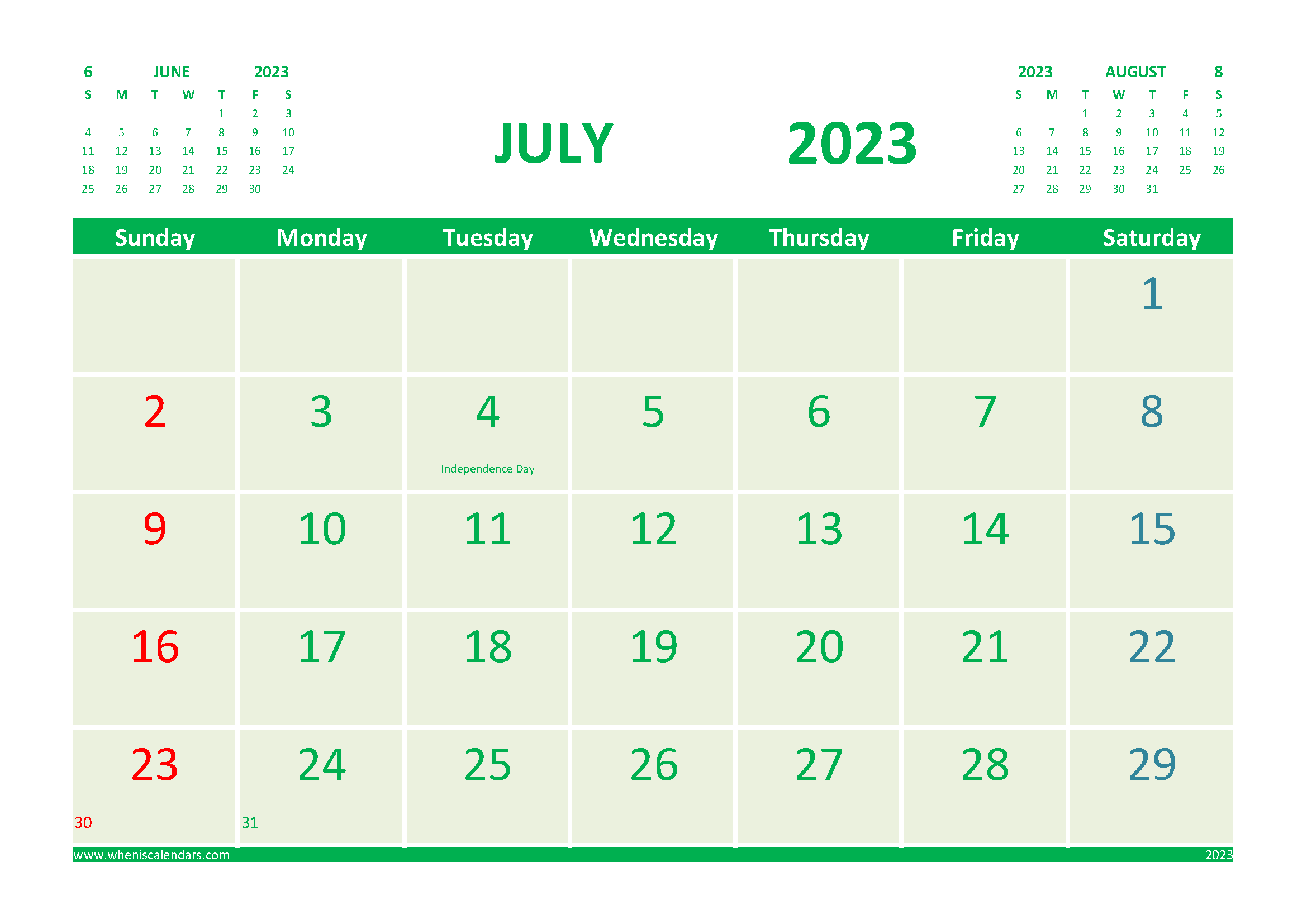 Free 2023 Calendar July Printable with Holidays width=
