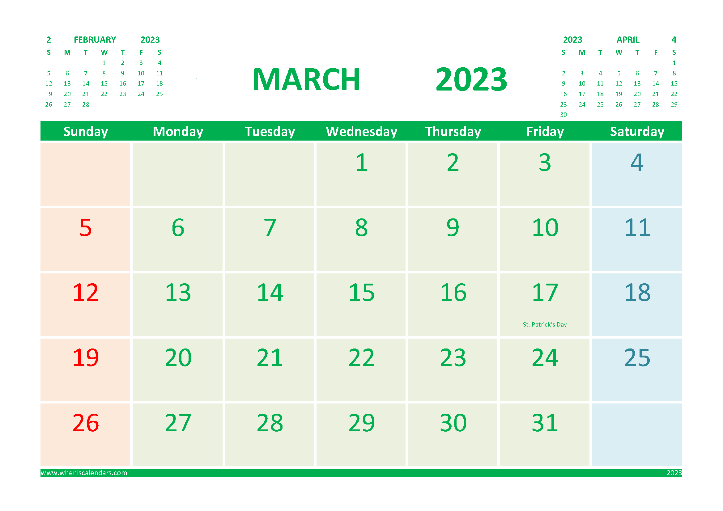 March 2023 Calendar with Holidays Printable for Free width=