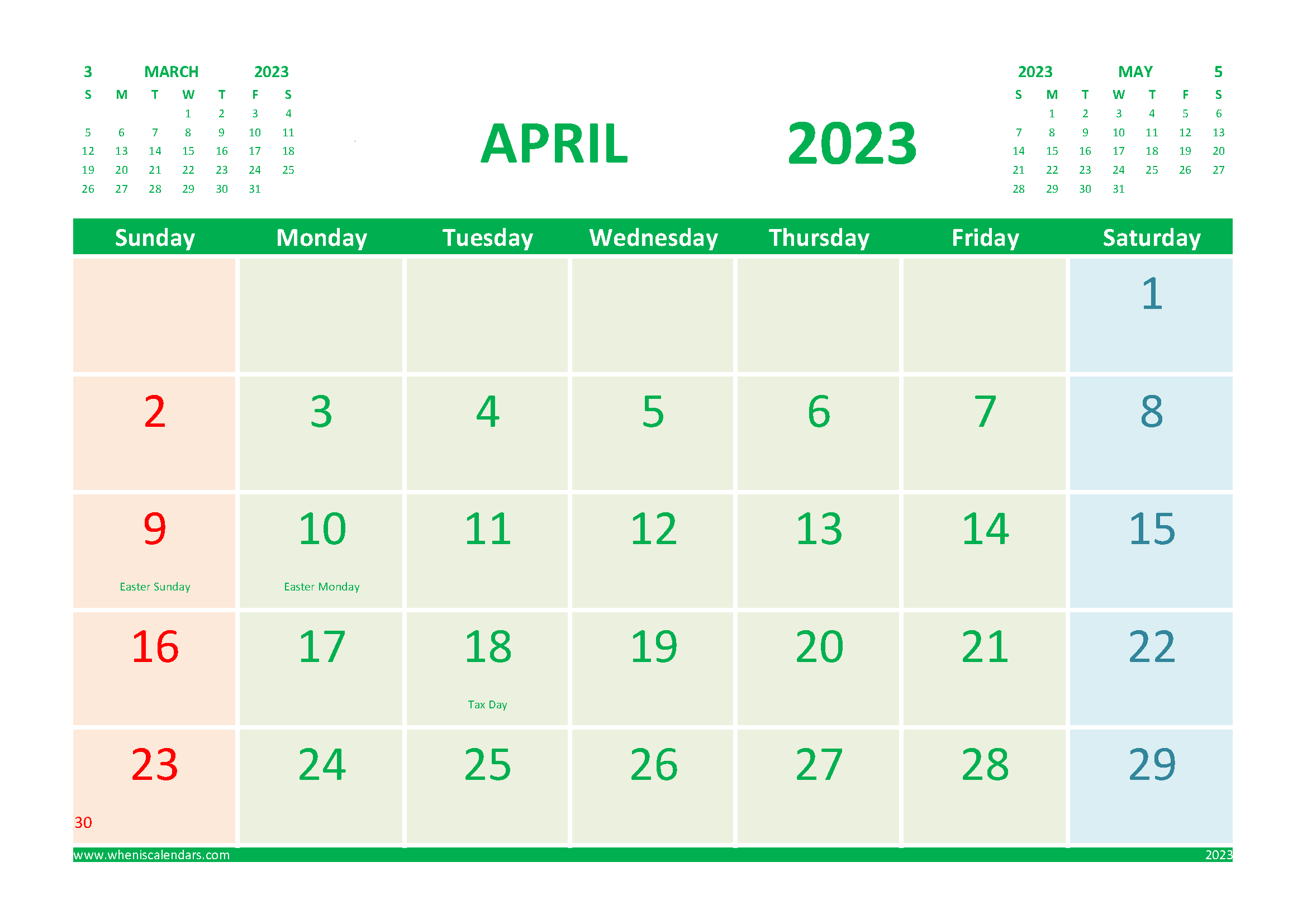 April 2023 Calendar with Holidays Printable for Free width=