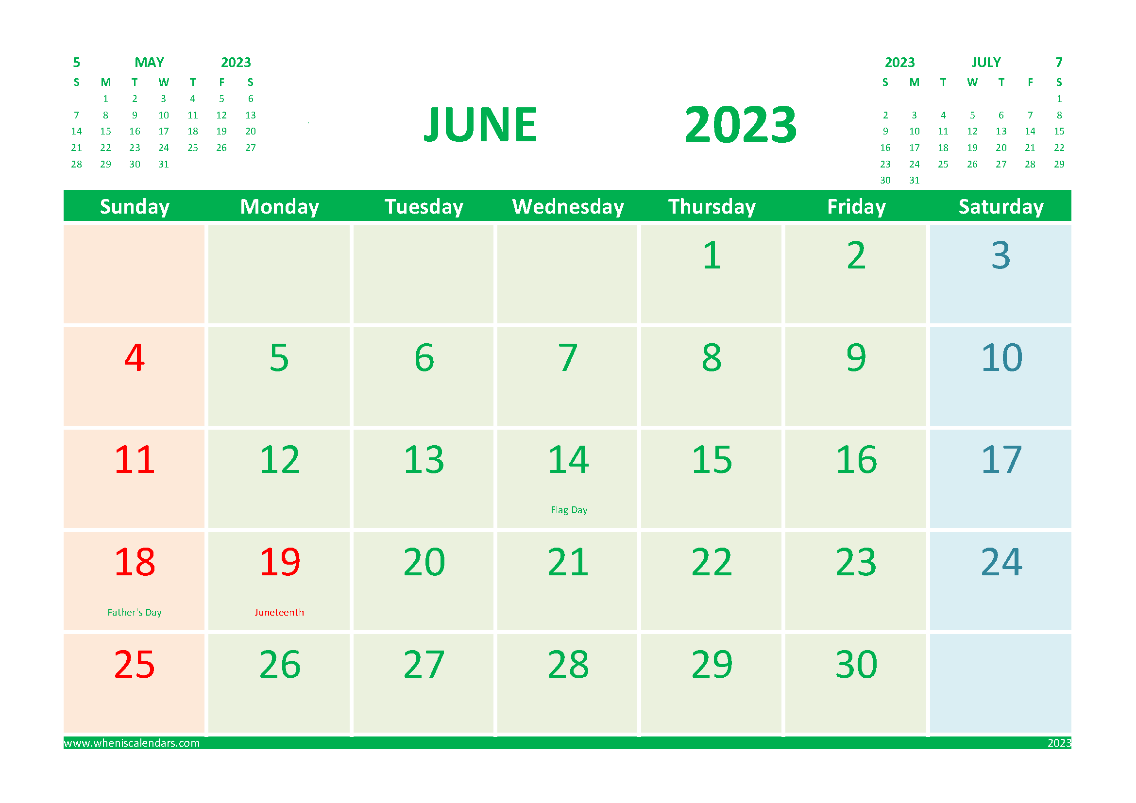 June 2023 Calendar with Holidays Printable for Free width=