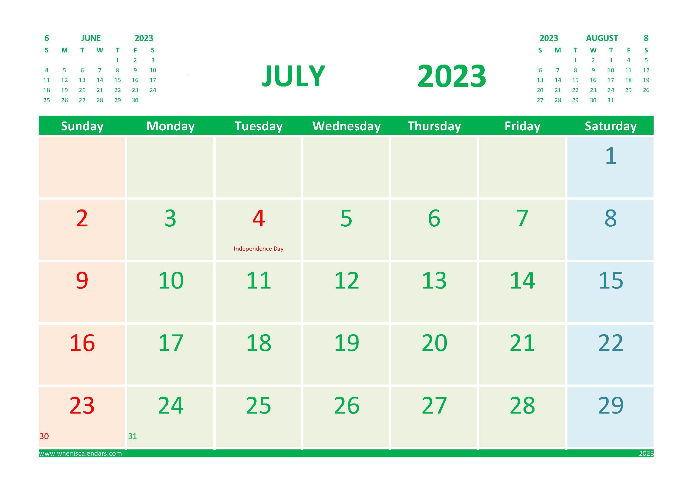 July 2023 Calendar with Holidays Printable for Free width=