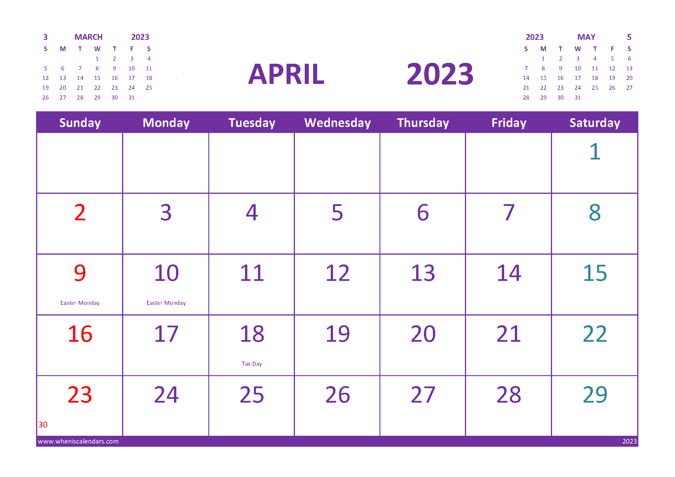 April 2023 Calendar with Holidays Free Printable width=