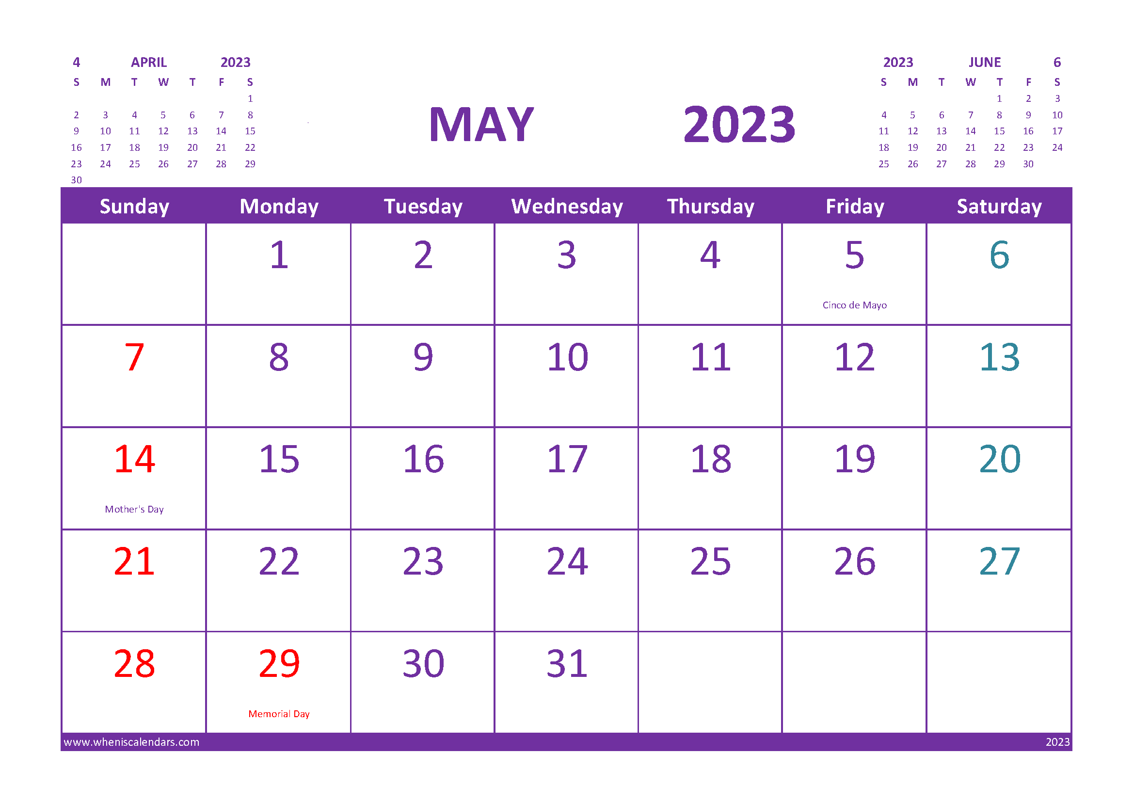 May 2023 Calendar with Holidays Free Printable width=