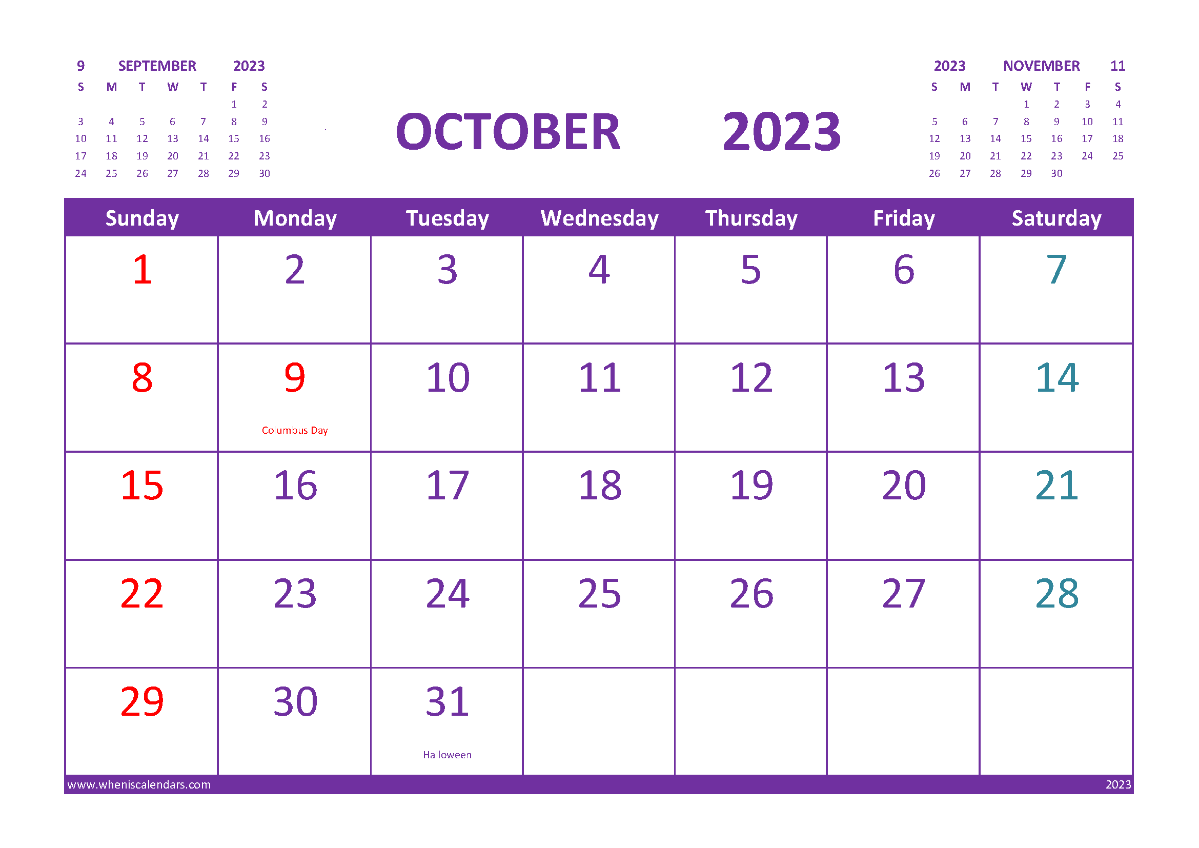 October 2023 Calendar with Holidays Free Printable width=
