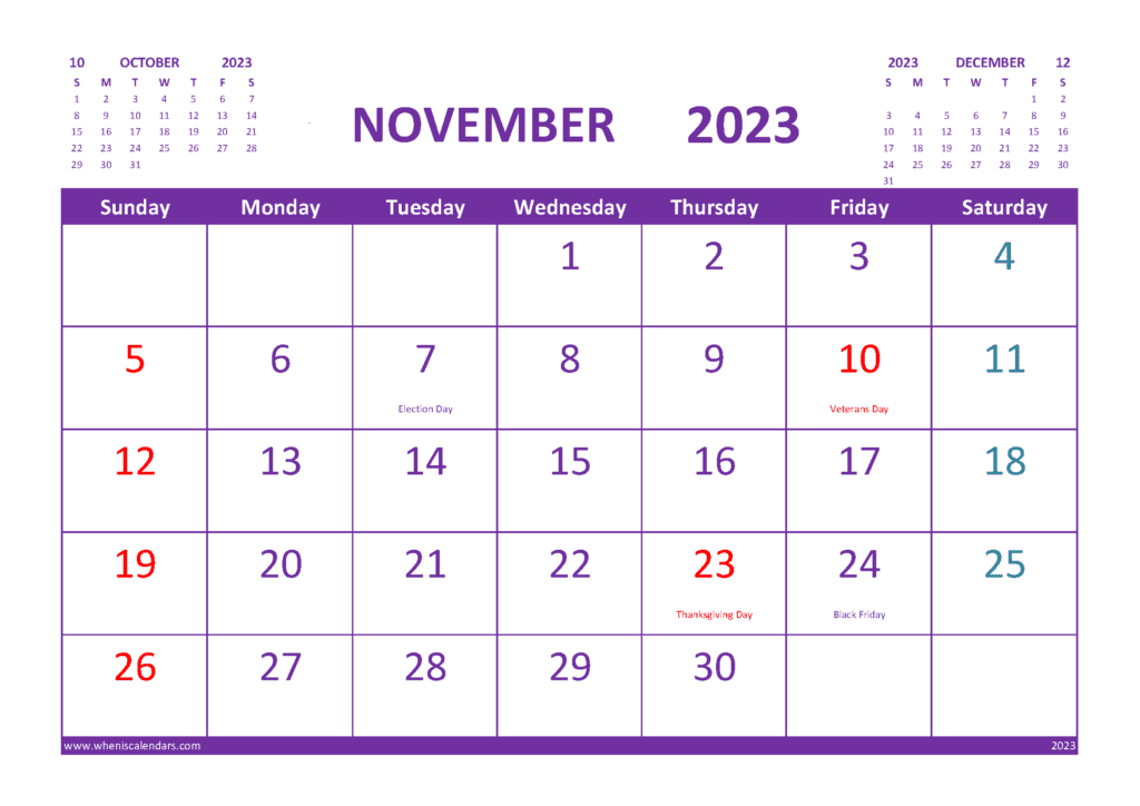 November 2023 Printable Calendar Free with Holidays