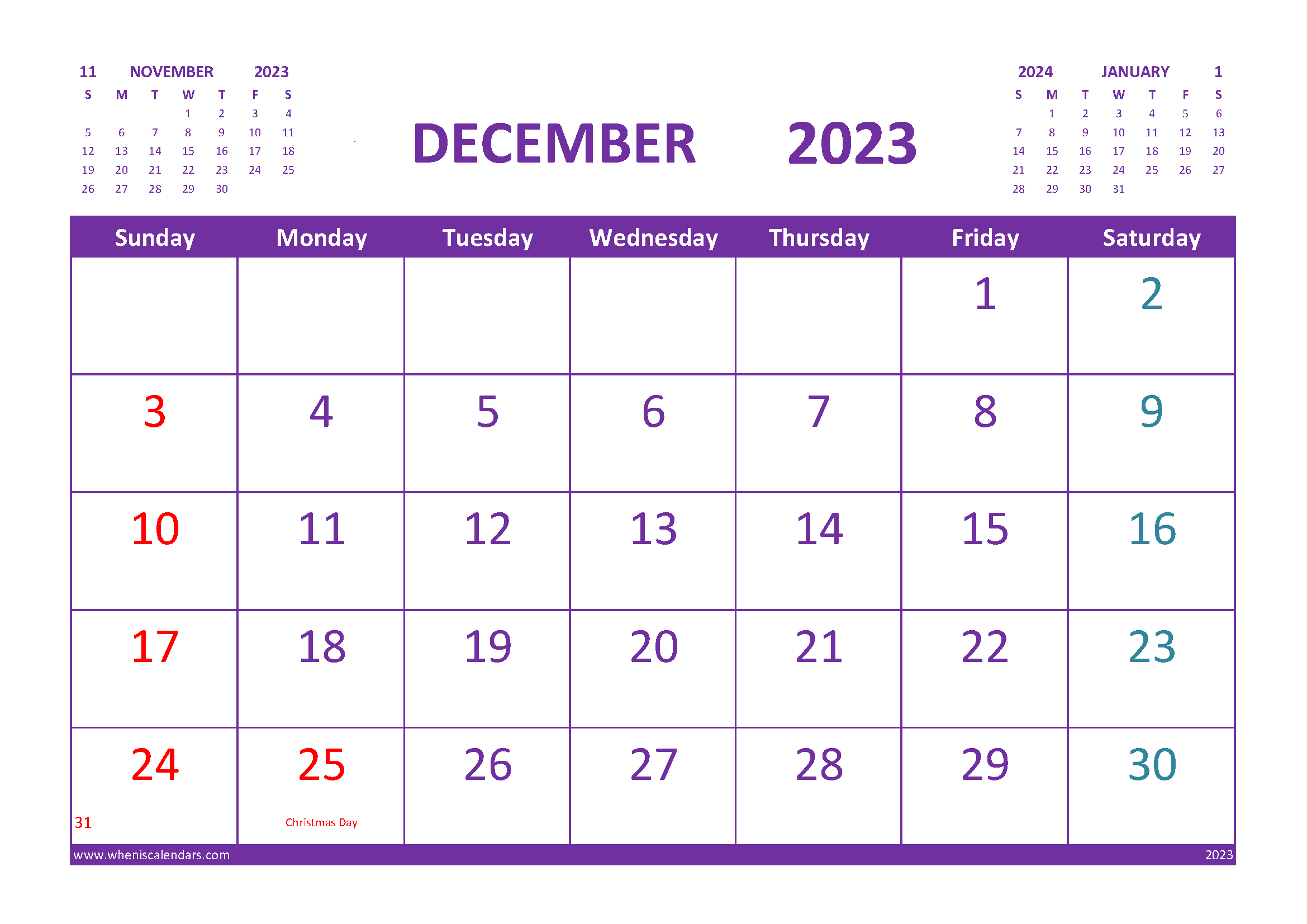 Free Printable Calendar December 2023 with Holidays