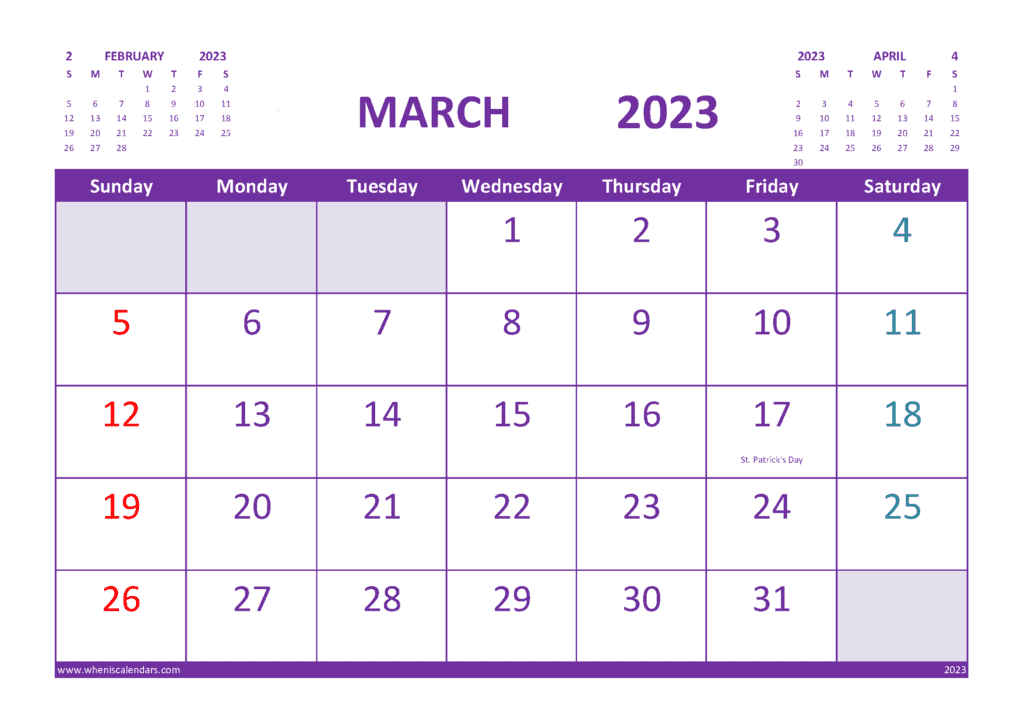 Free Printable Calendar March 2023 with Holidays